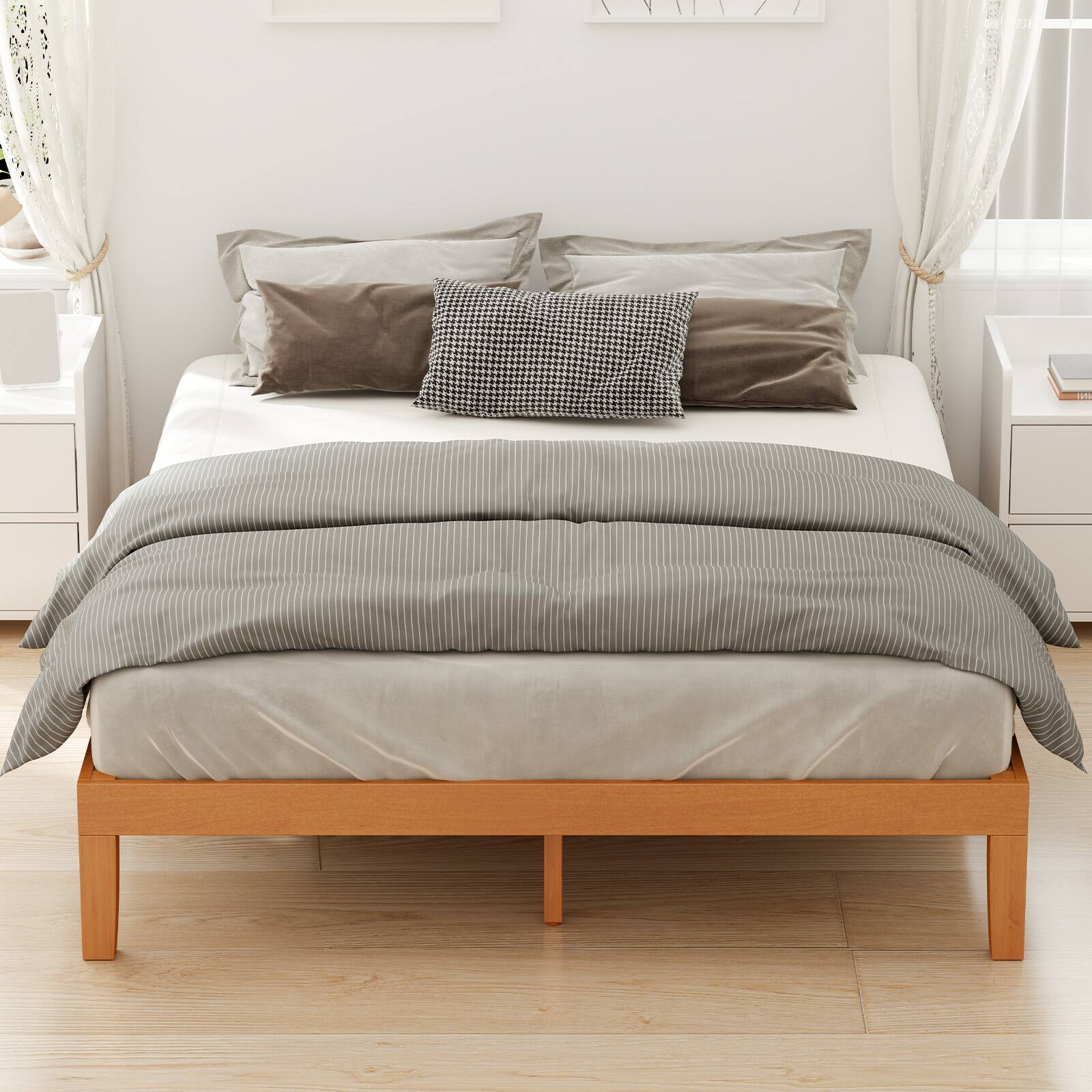 Angle. AENKYO - King Size Wood Bed Frame Platform Bed Frame Mattress Foundation with Support Slats - Natural.