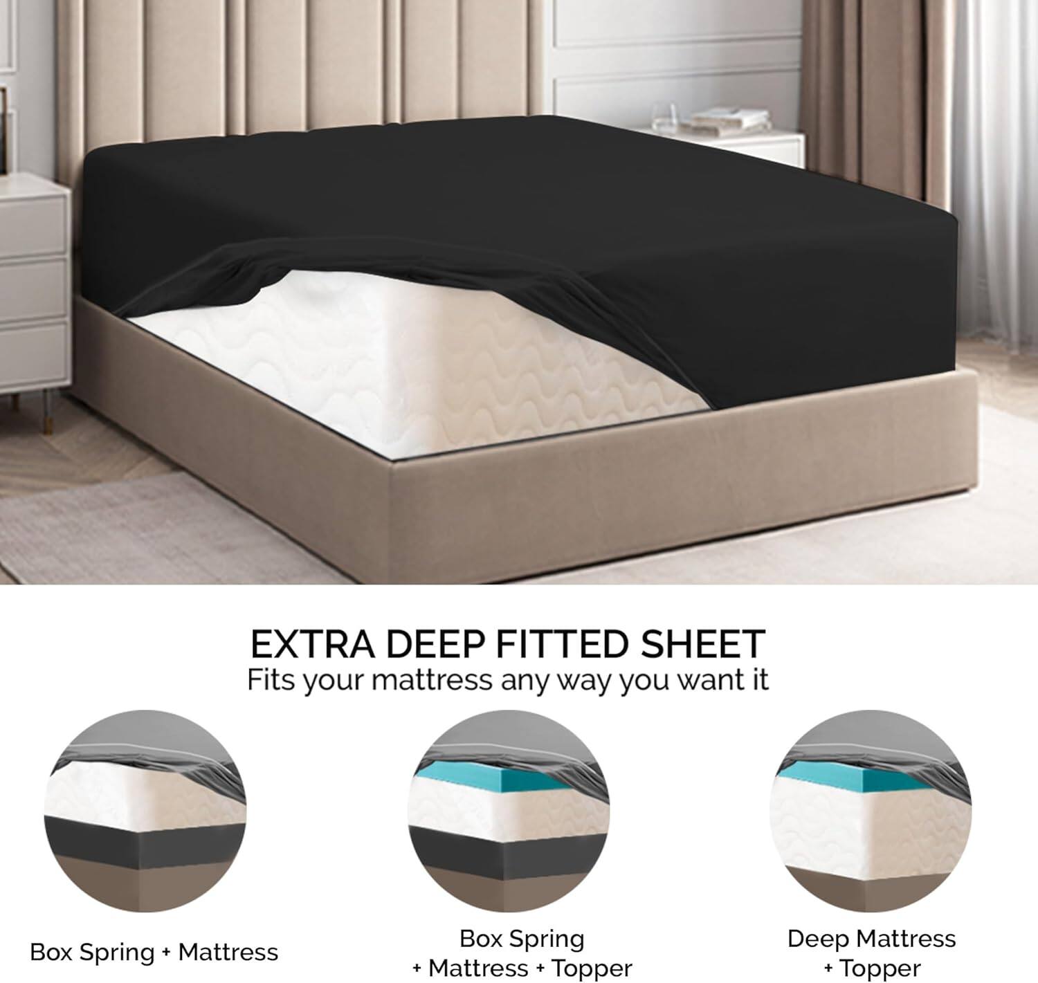 EXTRA DEEP FITTED SHEET  
Fits your mattress any way you want it  

- Box Spring + Mattress  
- Box Spring + Mattress + Topper  
- Deep Mattress + Topper