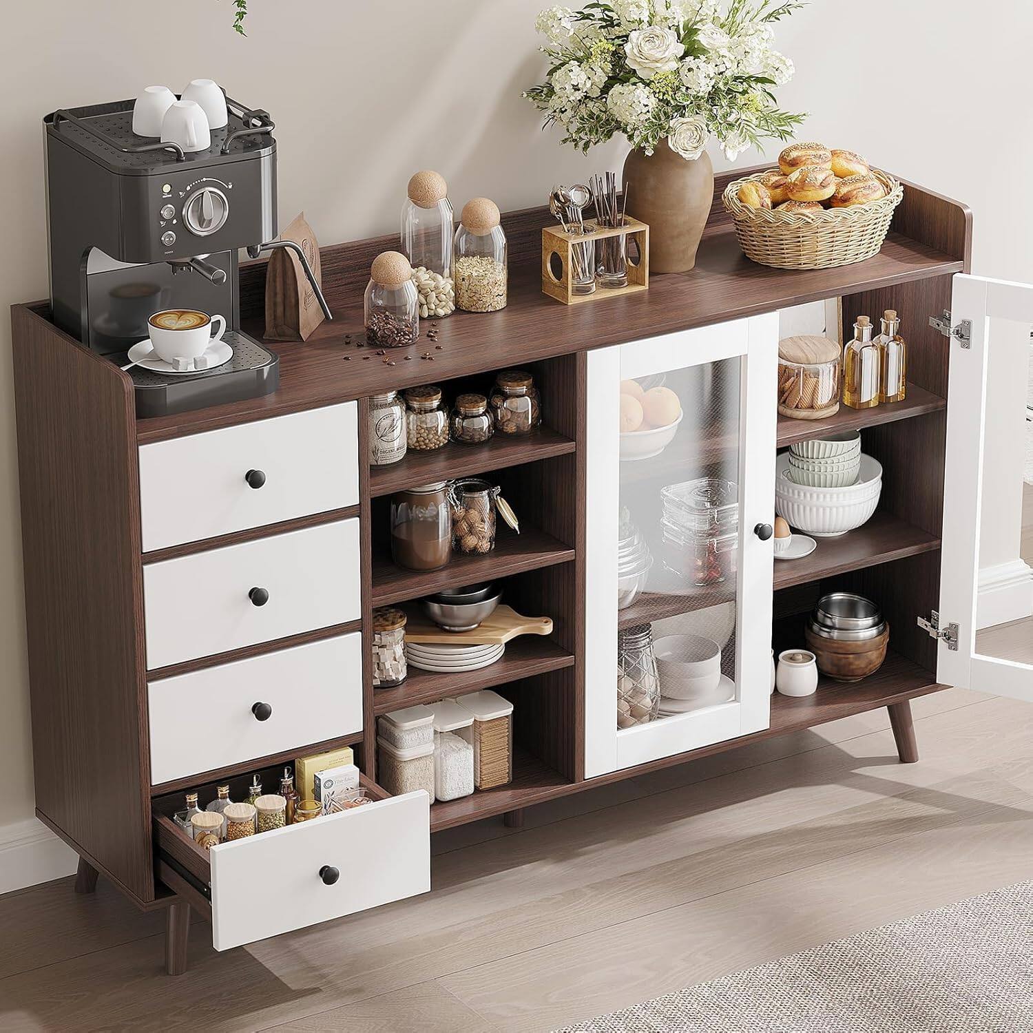 Alt View 3. Jojoka - 55 in Farmhouse Buffet Cabinet Sideboard with Glass Doors and Adjustable Shelves - Black.