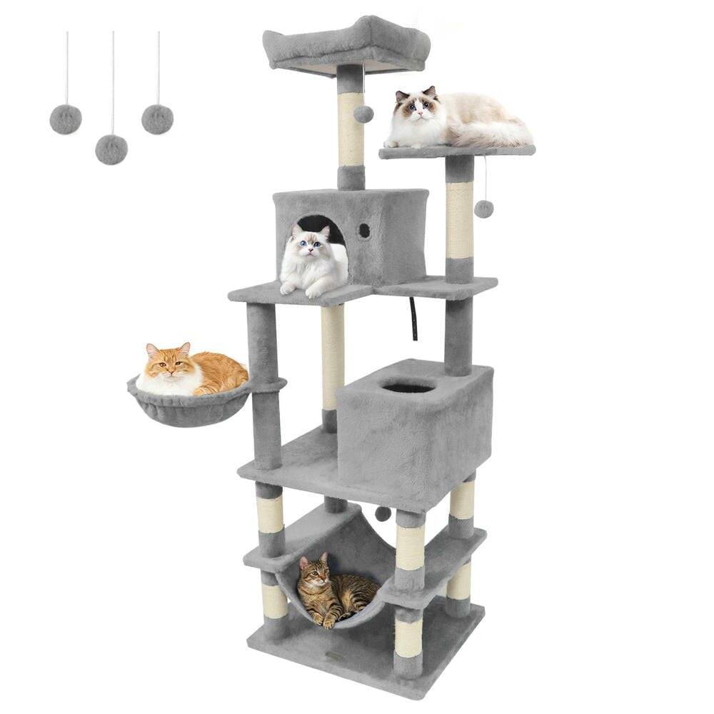 Back. Kadyn - 66-Inch Tall Multi-Level Cat Tower with Two Condos and Sisal Posts, Light Gray - Gray.