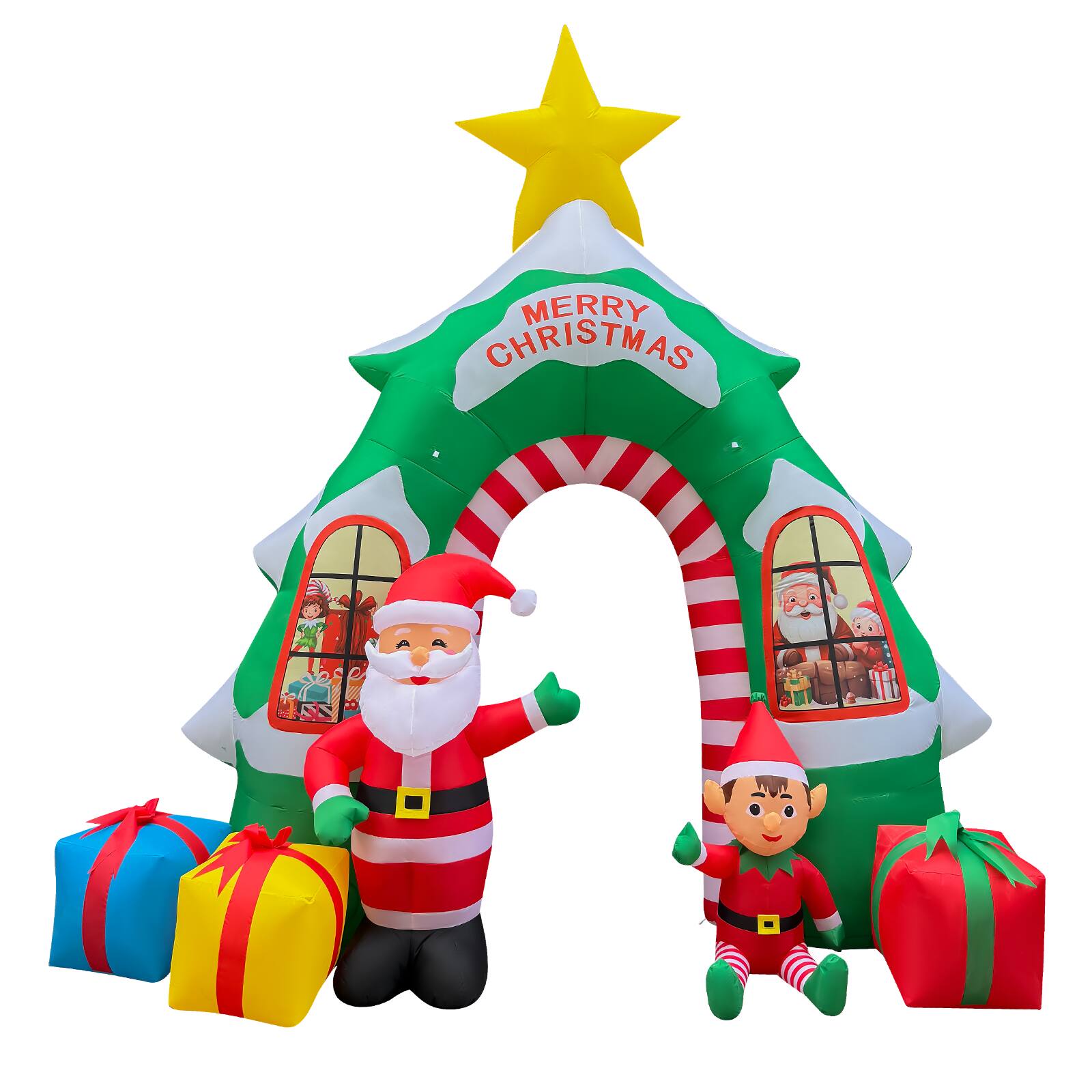 GOOSH Inflatables - GOOSH 13FT Christmas Tree Arch Inflatable with Santa, Elf, Gifts, and LED Lights - Green
