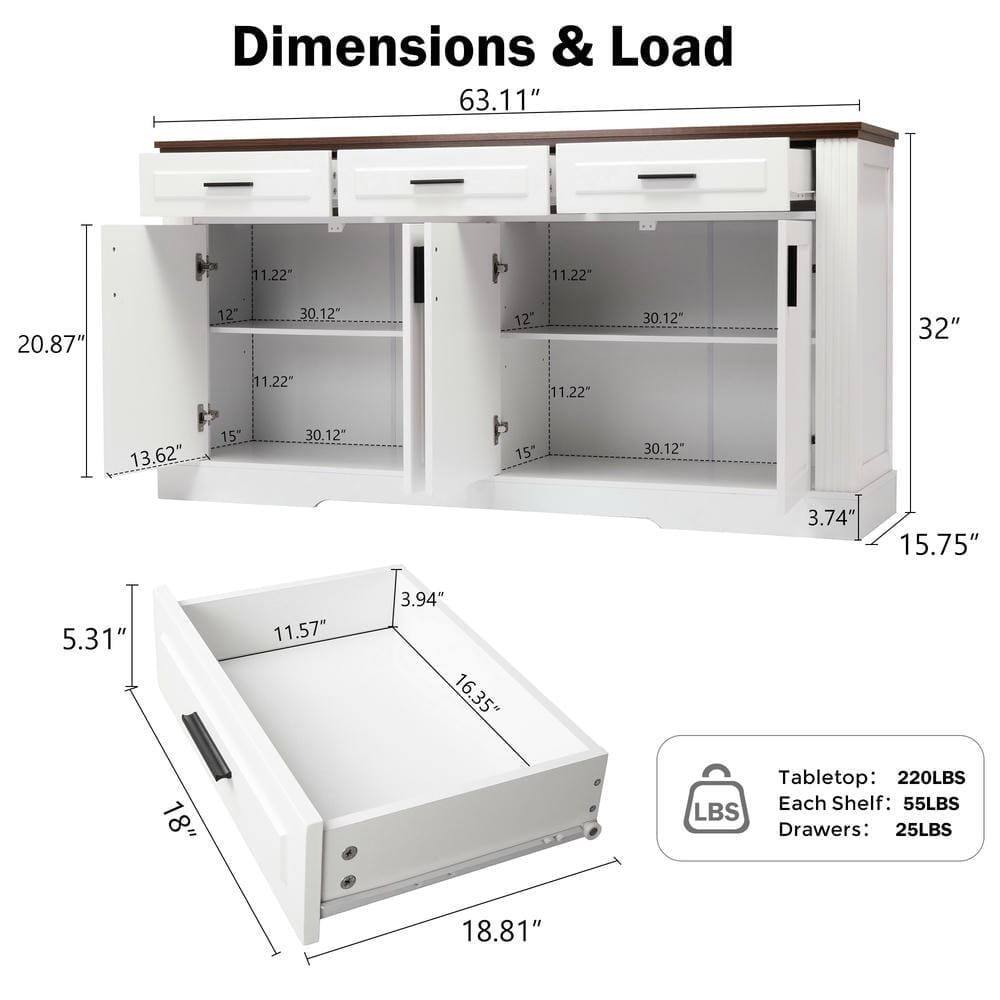 Dimensions & Load

- Width: 63.11"
- Depth: 11.22"
- Height: 32"
- Tabletop: 220LBS
- Each Shelf: 55LBS
- Drawers: 25LBS

Shelf Dimensions:
- Width: 30.12"
- Depth: 11.22"
- Height: 15"

Drawer Dimensions:
- Width: 16.35"
- Depth: 11.57"
- Height: 3.94"

Additional Dimensions:
- 20.87"
- 13.62"
- 5.31"
- 15.75"
- 18.81"
- 3.74"