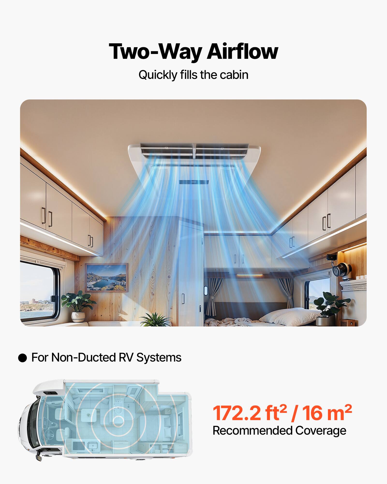 Two-Way Airflow  
Quickly fills the cabin  

For Non-Ducted RV Systems  

172.2 ft² / 16 m²  
Recommended Coverage
