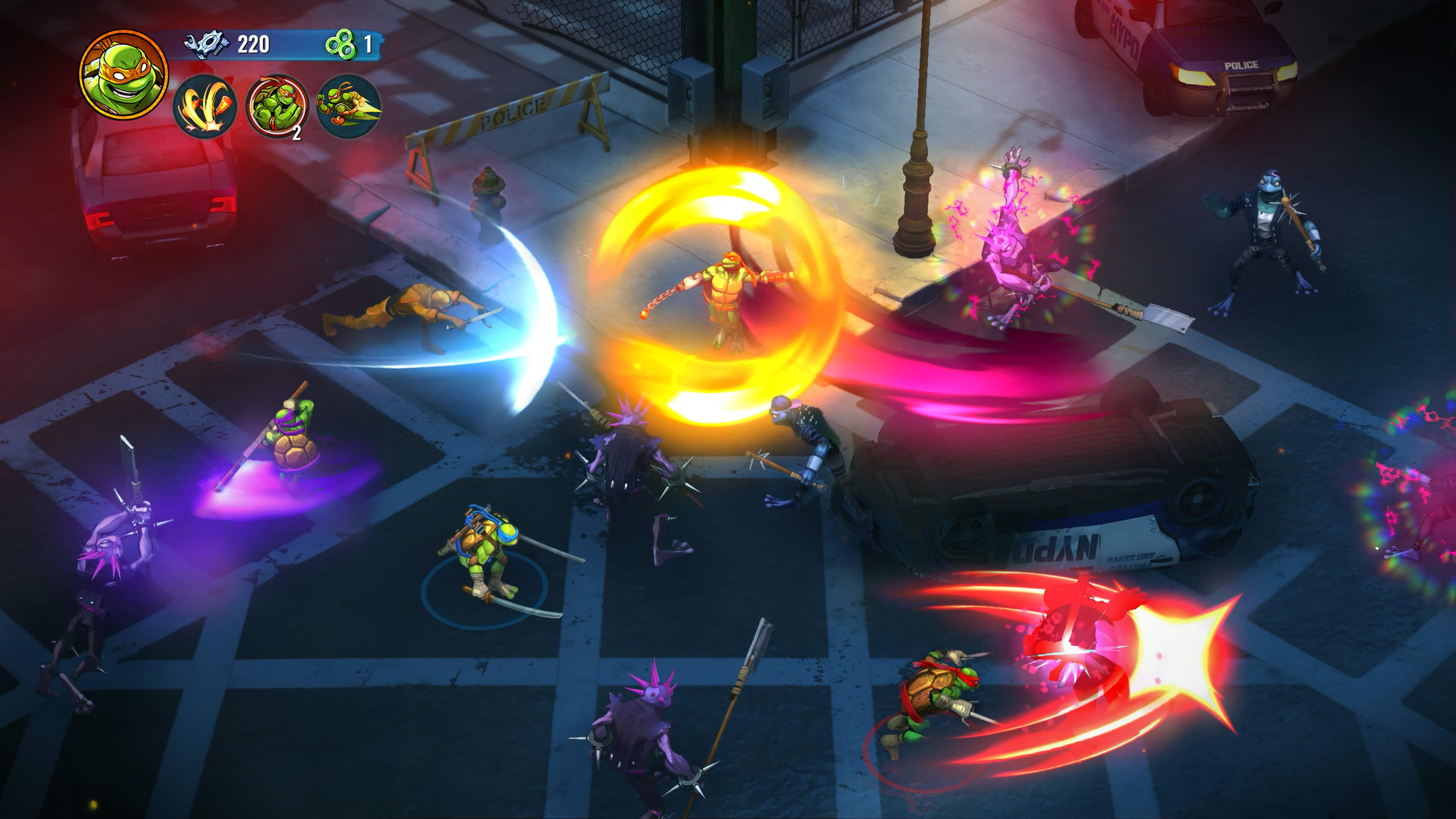 The text on the image reads "220 1 POLICE I HYPO POLICE evut NYPO MXE CNY SUMN." It is not clear what this text represents or its relevance to the image. The image shows a group of people fighting in a city street, with some of them holding weapons. The scene appears to be from a video game, as indicated by the presence of a car and a truck in the background.
