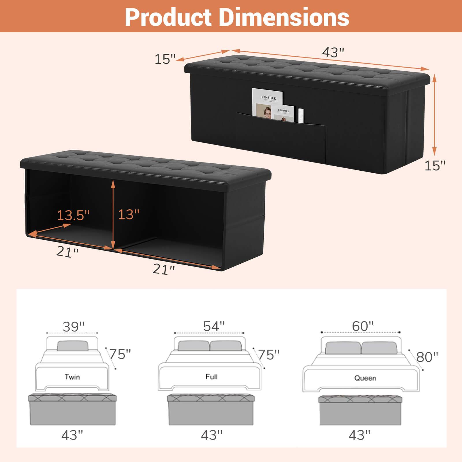 Product Dimensions

15" x 43" x 15"

13.5" x 13" x 21" x 21"

Twin: 39" x 75" x 43"

Full: 54" x 75" x 43"

Queen: 60" x 80" x 43"