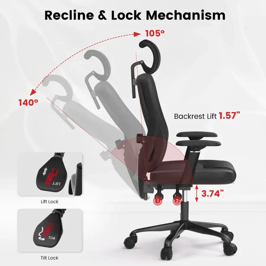 Recline & Lock Mechanism: 105 140 Backrest Lift 1.57" F LIFT Lift Lock 1 I 2 3.74" P Il ** RCL Tilt Lock