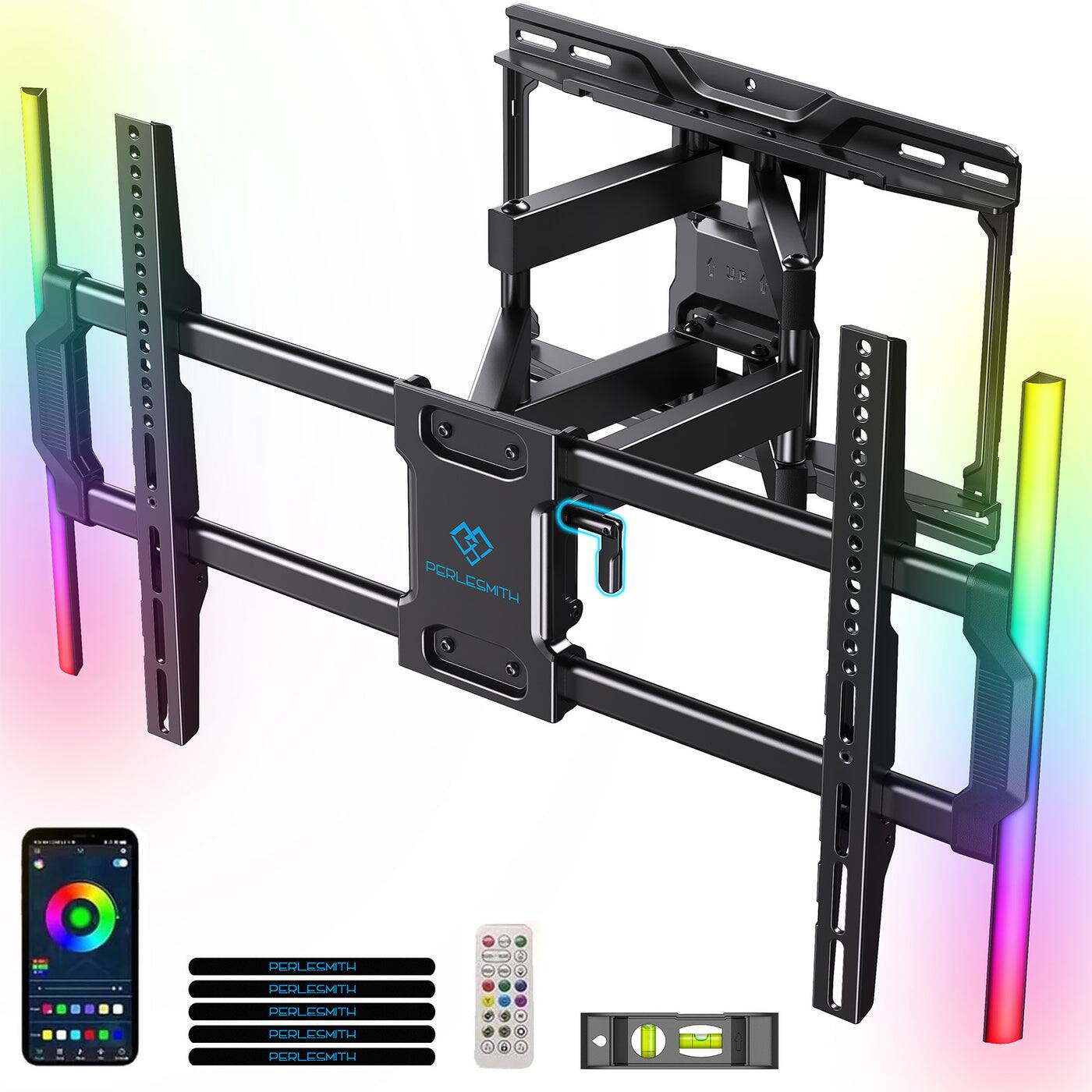 Perlesmith - 37–86-inch TV Wall Mount with Interactive LED Lights, VESA Patterns Up to 600x400, 132lbs Capacity: Model PSLFK24-01B - Black