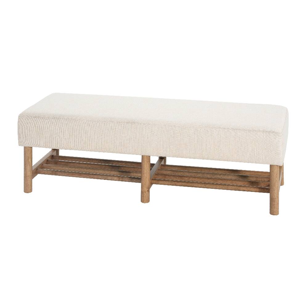 Alt View 6. Ropilly - Ropilly Rectangular Upholstered Linen Ottoman Bench with Open Storage Shelf, Solid Wood Legs, Beige - Beige.