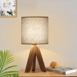 Oumilen - Small Wooden Tripod Nightstand Lamp - 13.4 Inch Bedside Table Lamp with Linen Shade for Bedroom Living Room Office