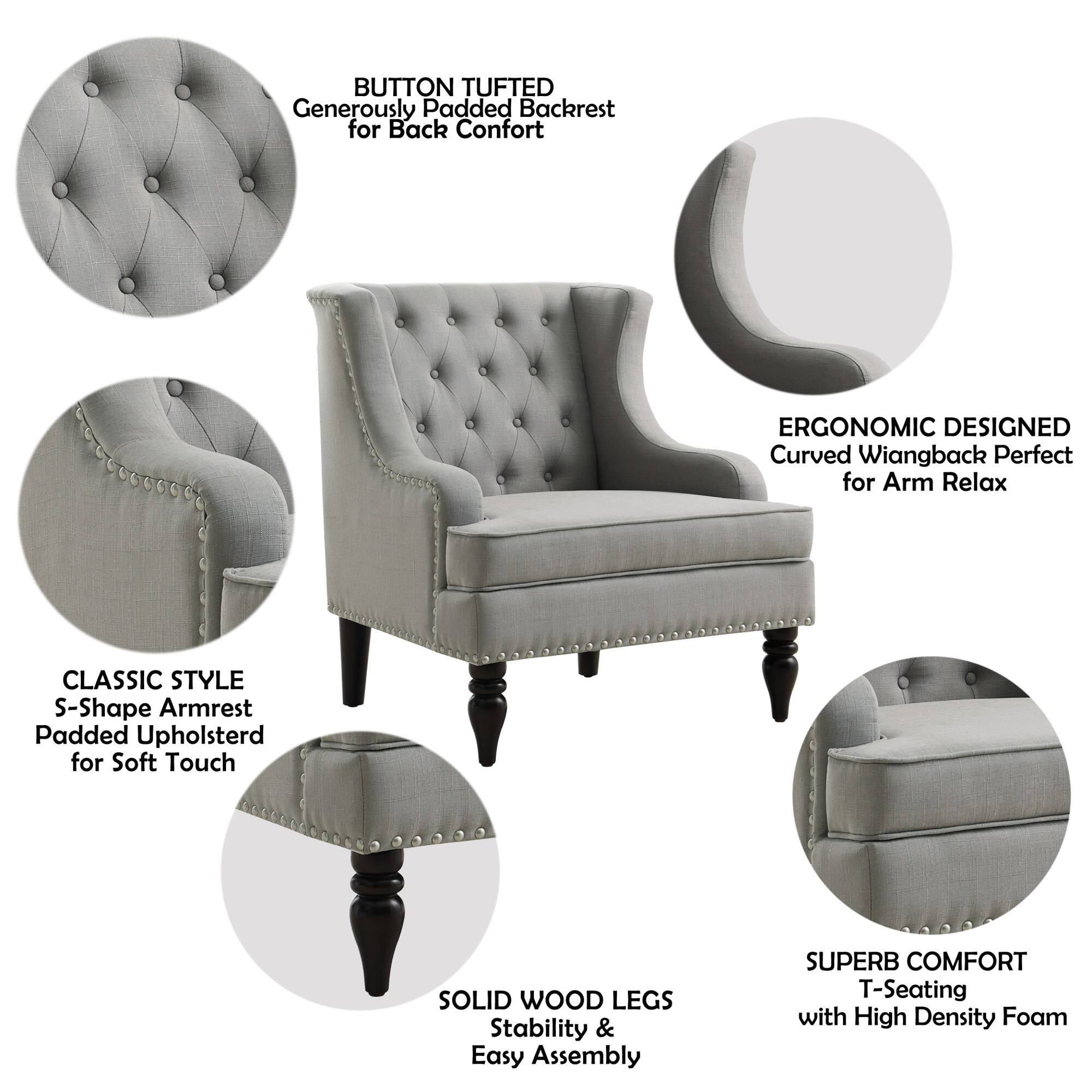BUTTON TUFTED  
Generously Padded Backrest for Back Comfort  

ERGONOMIC DESIGNED  
Curved Wiangback Perfect for Arm Relax  

CLASSIC STYLE  
S-Shape Armrest Padded Upholstered for Soft Touch  

SOLID WOOD LEGS  
Stability & Easy Assembly  

SUPERB COMFORT  
T-Seating with High Density Foam