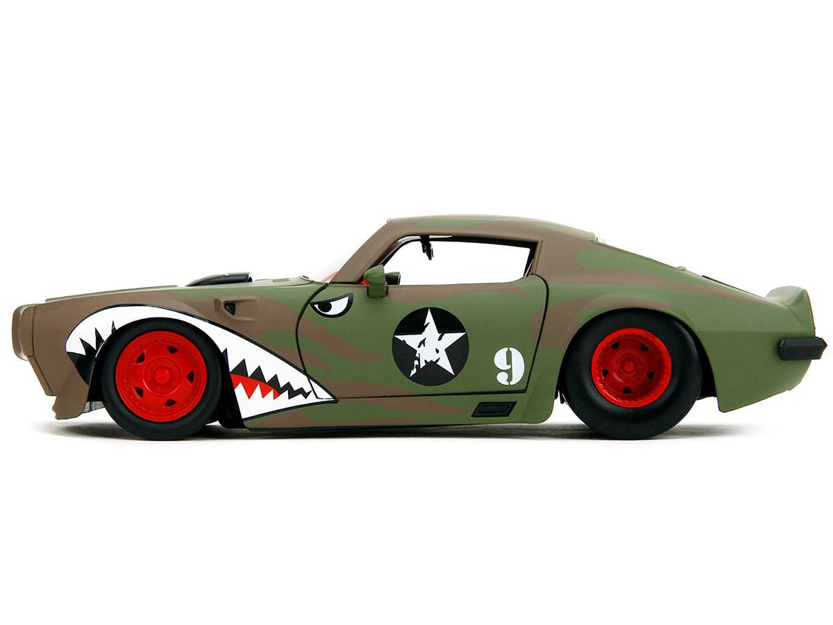 Left. Jada - 1972 Pontiac Firebird #9 Green Camouflage Flames with Graphics and Red Interior "Bigtime Muscle" Series 1/24 - Green/Red.