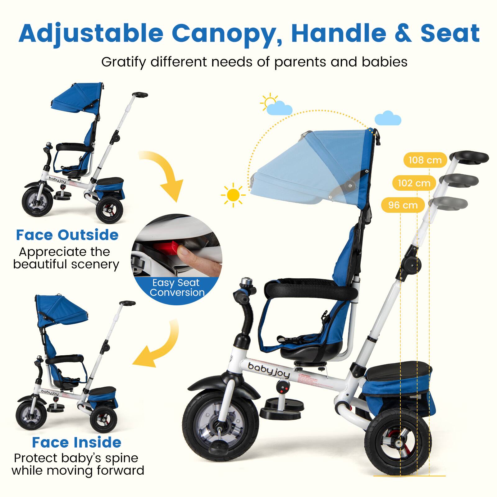 Adjustable Canopy, Handle & Seat  
Gratify different needs of parents and babies  

Face Outside  
Appreciate the beautiful scenery  

Face Inside  
Protect baby's spine while moving forward  

Easy Seat Conversion  

108 cm  
102 cm  
96 cm