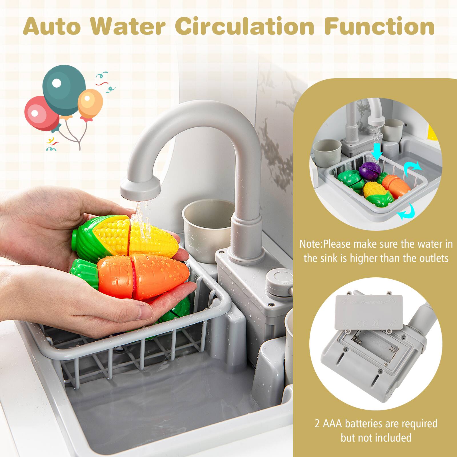 Auto Water Circulation Function

Note: Please make sure the water in the sink is higher than the outlets

2 AAA batteries are required but not included
