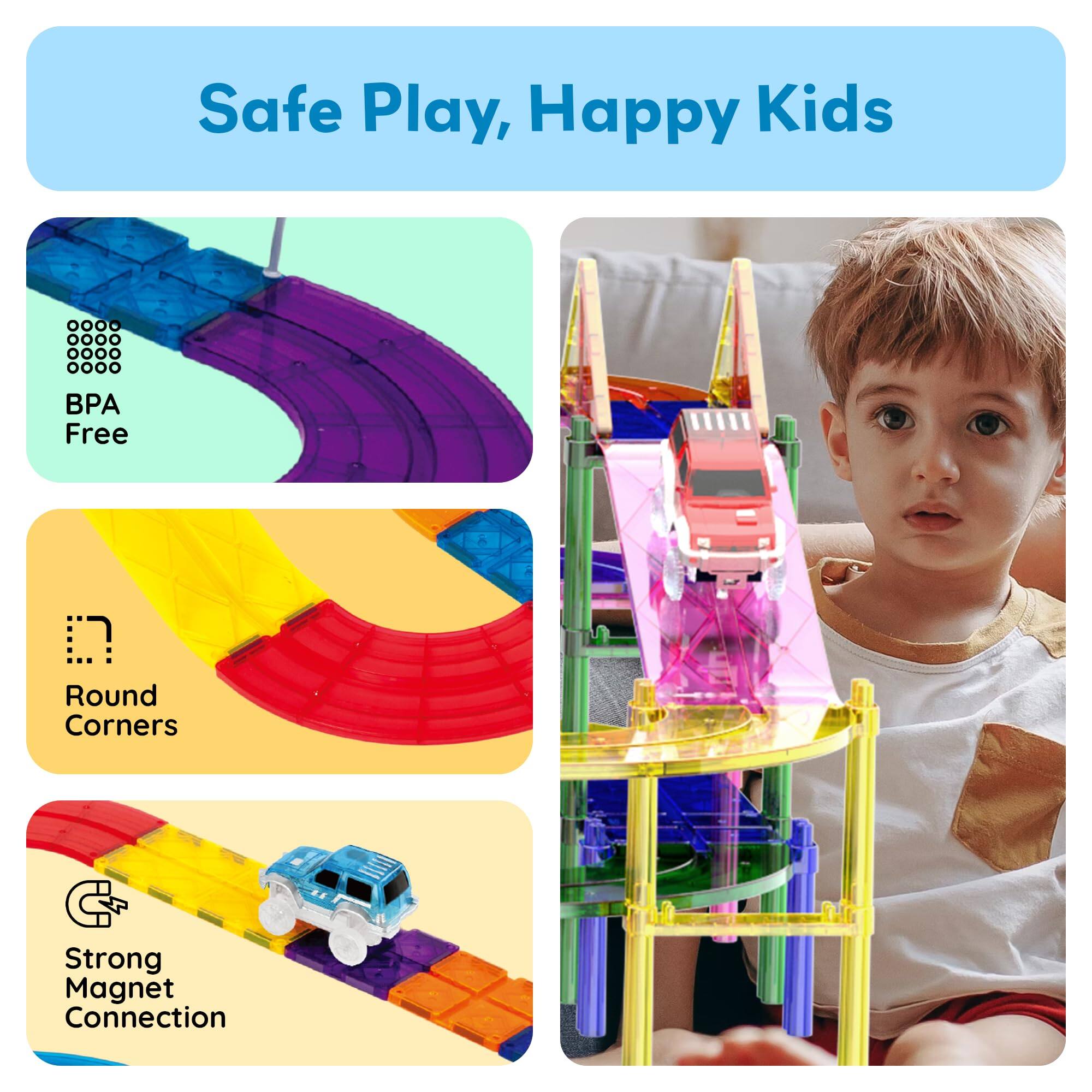 Safe Play, Happy Kids

- BPA Free
- Round Corners
- Strong Magnet Connection