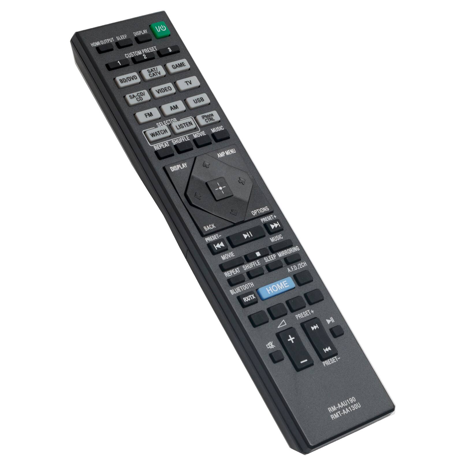 HOM OUTPUT SLEEP DISPLAY VO CUSTOM PRESET 3 1 BD/DVD SAT CATV GAME TV VIDEO SA-CD CD USB AM FM SELECTOR LISTEN WATCH MOVIE MUSIC SHUFFLE REPEAT AMP MENU DISPLAY OPTIONS PRESET BACK N PRESET- NI MUSIC 144 MOVIE SLEEP MIRRORING SHUFFLE A.E.D./2CH REPEAT BLUETOOTH HOME POUTX PRESET- H M + 144 - PRESET- RM-AAU190