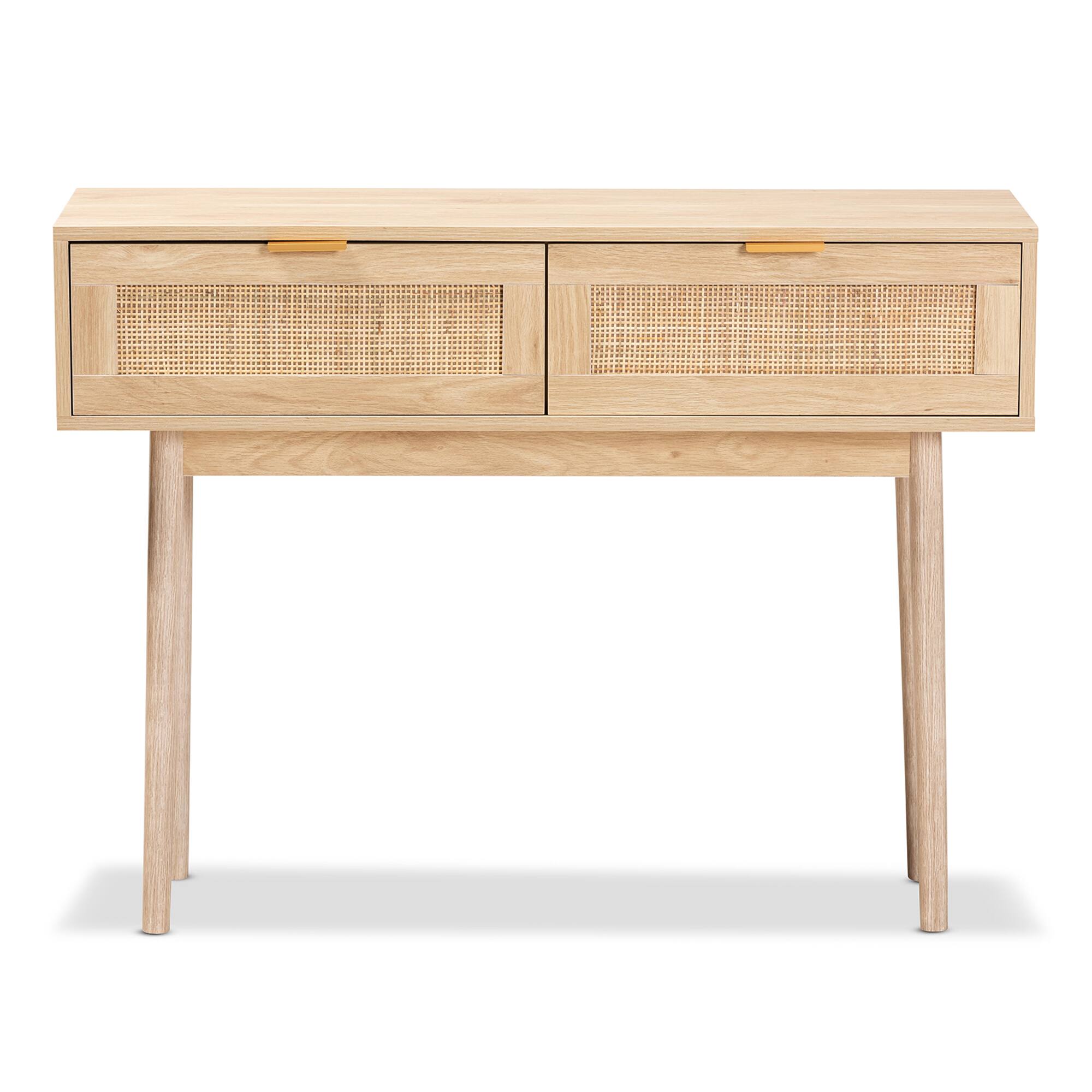 Left. Baxton Studio - Baird Mid-Century Modern Light Finished Wood and Rattan 2-Drawer Console Table - Oak Brown.