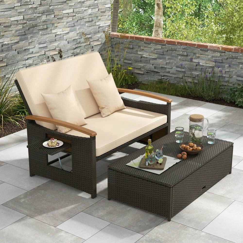 Angle. Pefilos - Outdoor 3-In-1 Versatile Wicker Daybed with 4 Backrest Positions, Daybed with Foldin Panels and Storae Ottoman, - Beige.