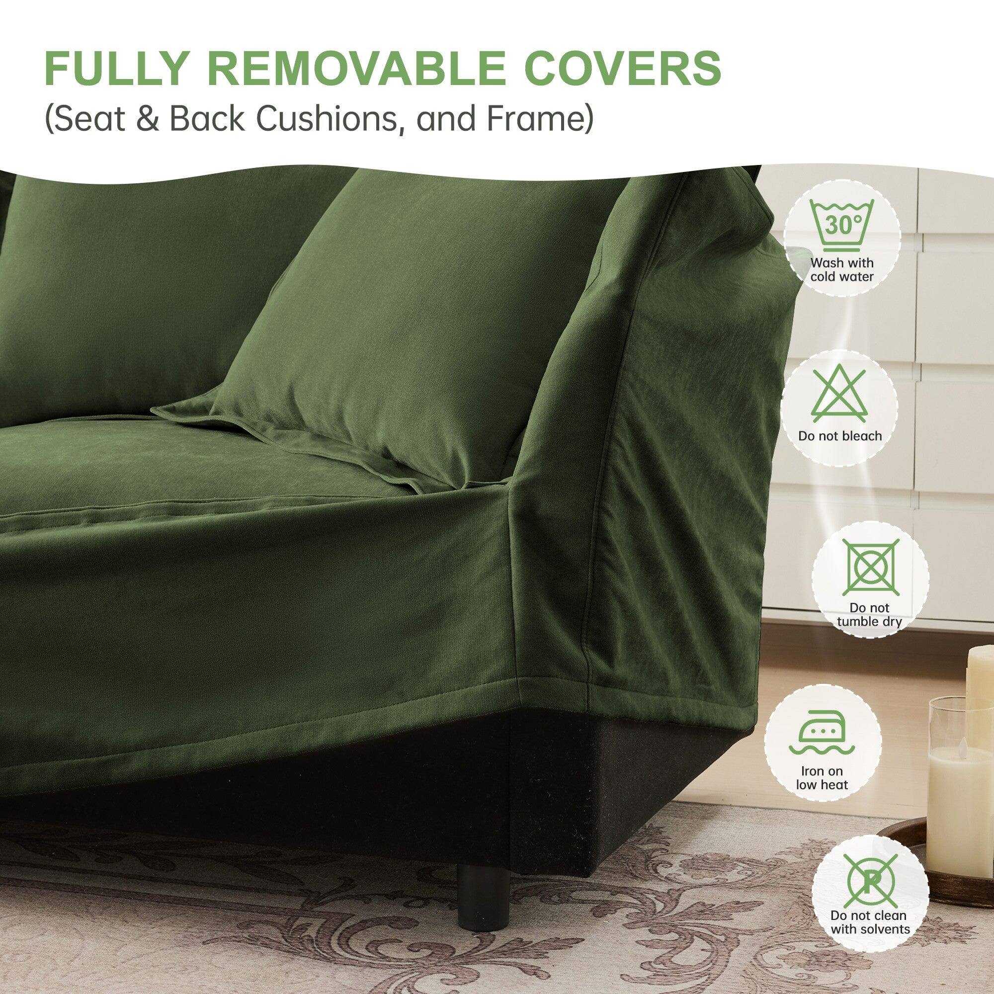 FULLY REMOVABLE COVERS  
(Seat & Back Cushions, and Frame)  

- Wash with cold water  
- Do not bleach  
- Do not tumble dry  
- Iron on low heat  
- Do not clean with solvents