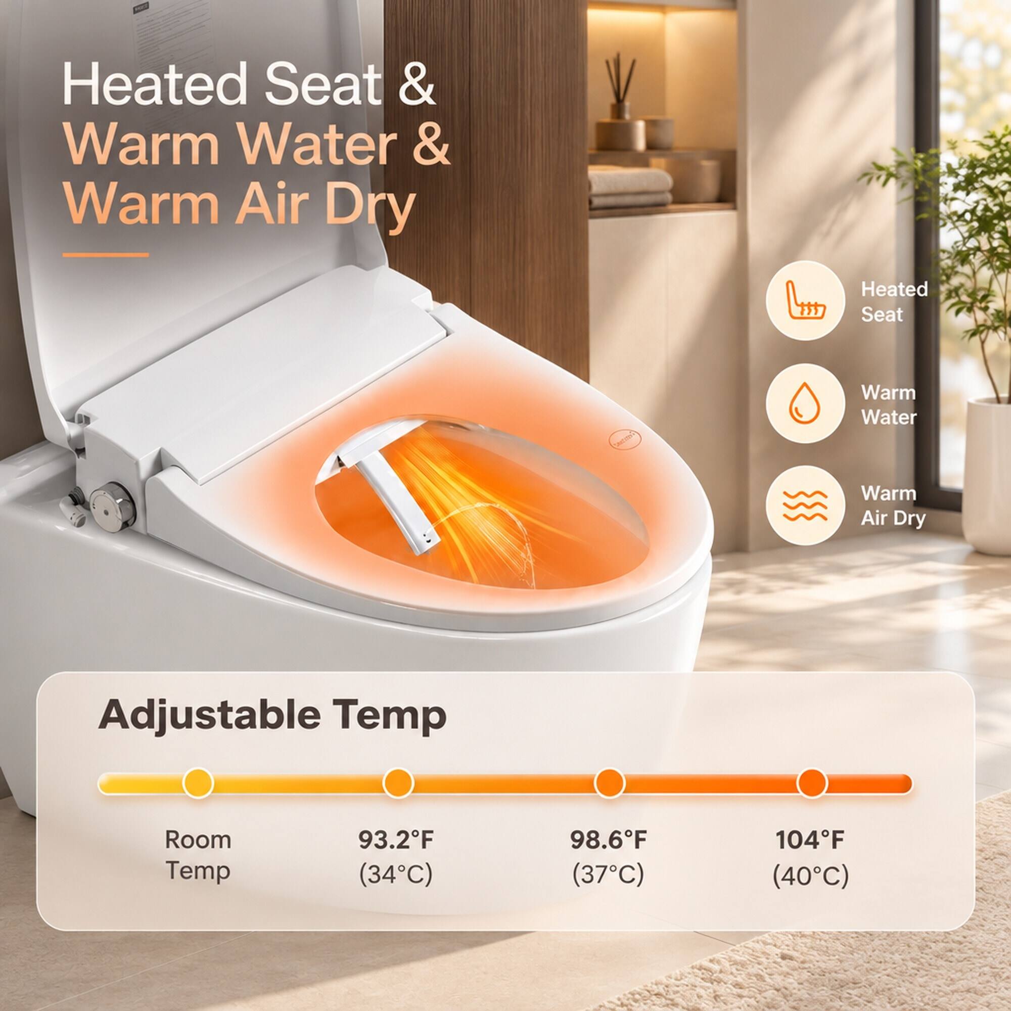 Heated Seat & Warm Water & Warm Air Dry

- Heated Seat
- Warm Water
- Warm Air Dry

Adjustable Temp

- Room Temp
- 93.2°F (34°C)
- 98.6°F (37°C)
- 104°F (40°C)