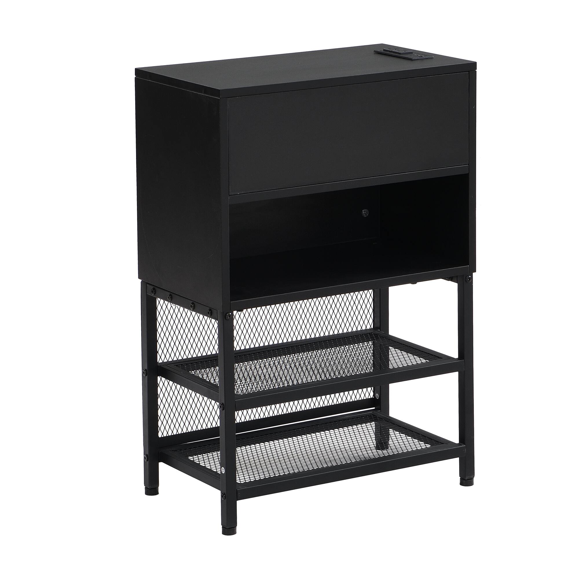 Alt View 6. Tiramisubest - Full size Metal Platform Bed with Two-Tier Storage Shelves, Wooden Storage Cabinet, Black - Black.