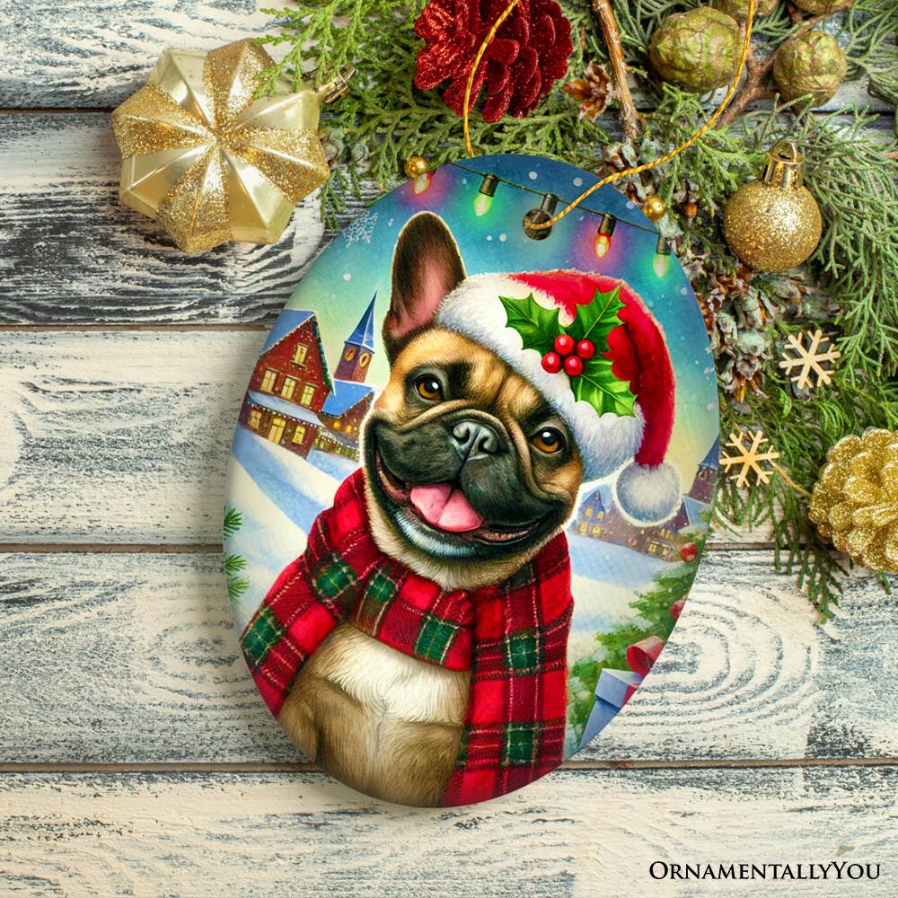 Back. OrnamentallyYou - Frosty French Bulldog Ornament Charming Pup Decoration for Magical Christmas Oval Version - Multi-colored.