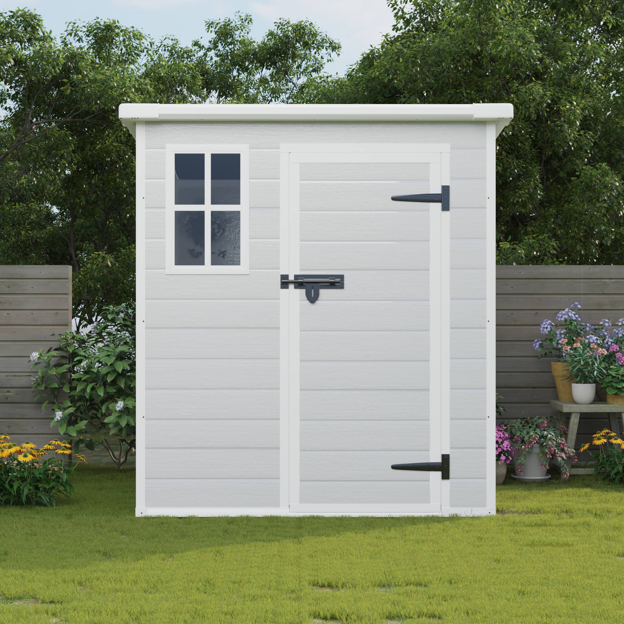 Left. Anysun - 6x6ft Waterproof Resin Tool Storage Shed with Floor, Lockable Doors, Window & Vents - Gray.
