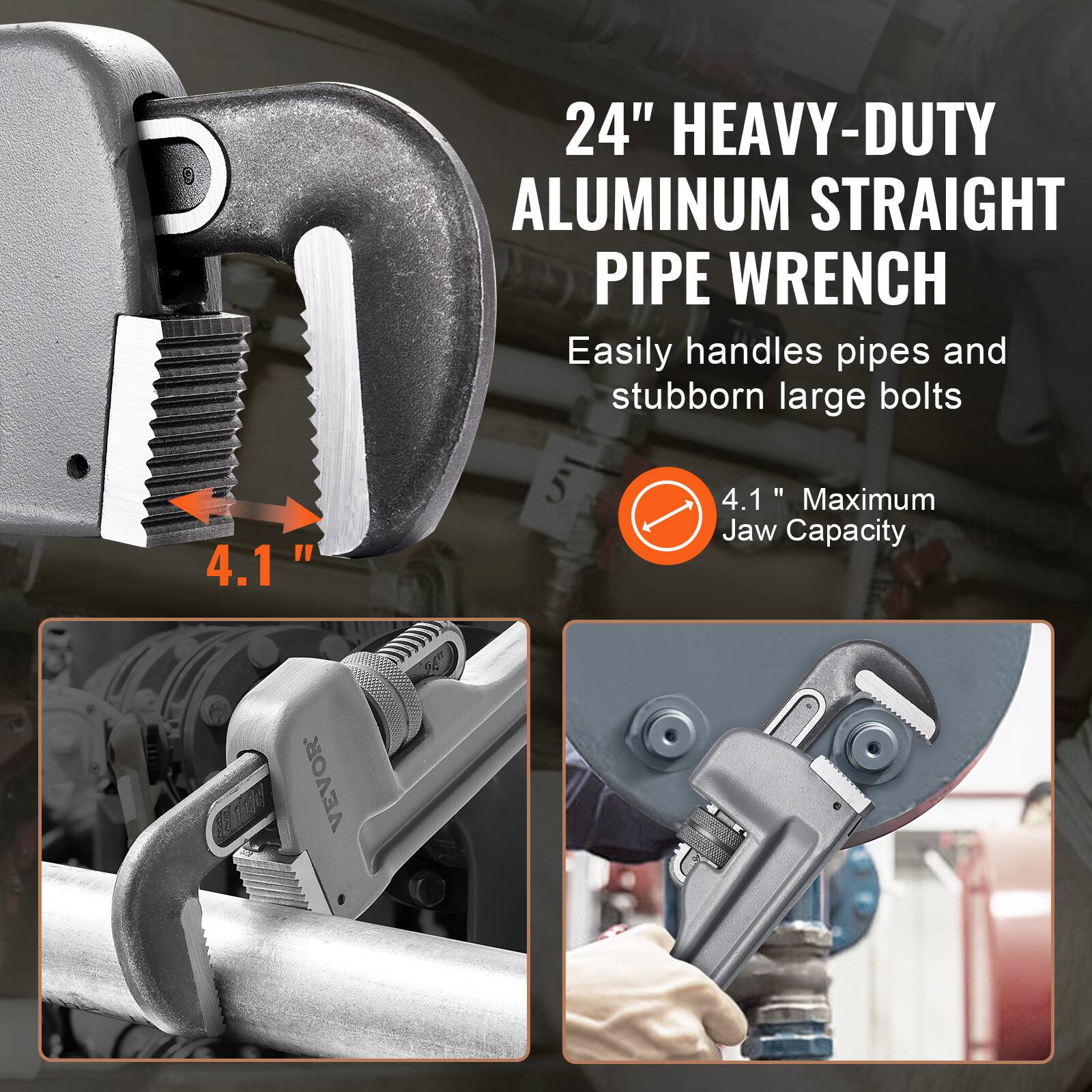24" HEAVY-DUTY ALUMINUM STRAIGHT PIPE WRENCH  
Easily handles pipes and stubborn large bolts  

4.1" Maximum Jaw Capacity  

VEVOR