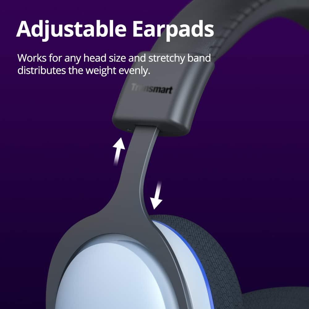 Adjustable Earpads: Works for any head size and stretchy band distributes the weight evenly. Tronsmart.