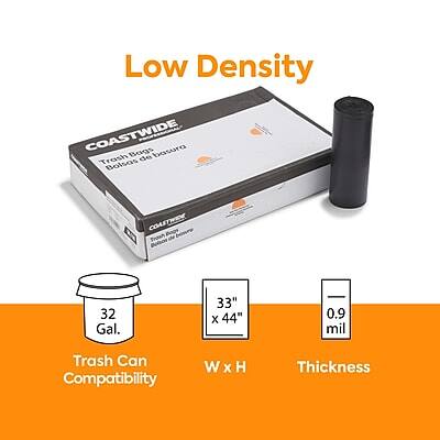 Low Density  
COASTWIDE Bags  
Trash Bags  
Bolsas de basura  

Trash Can Compatibility: 32 Gal.  
W x H: 33" x 44"  
Thickness: 0.9 mil