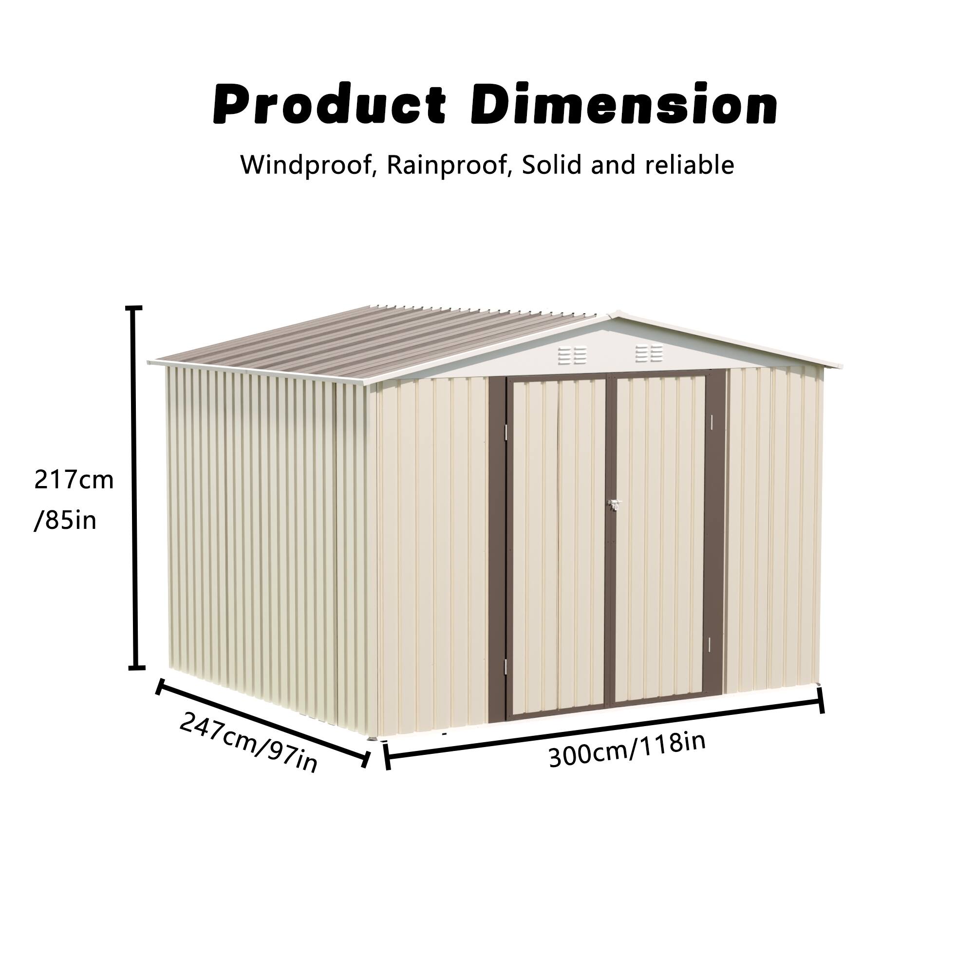 Back. TinyHomie - 10 x 8 FT White Color Outdoor Garden Shed Aluminum alloy frame With Hinge Door and foundation.