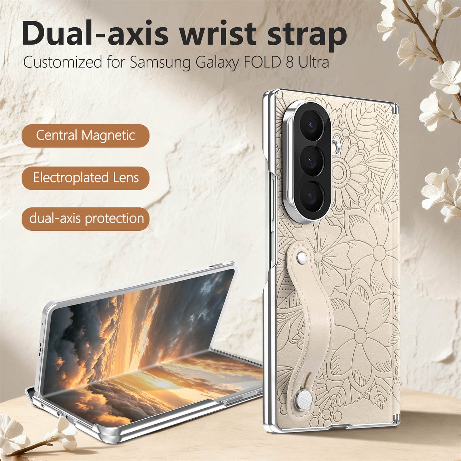 Dteck - Shockproof Case for Samsung Galaxy Z Fold8 Ultra with Wristband, Floral Leather Texture Rigid Plastic Hinge Phone Cover - Apricot price history on PriceWatchPro