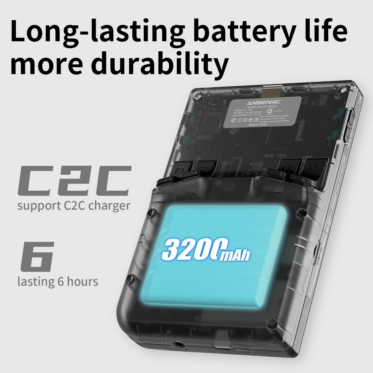 Long-lasting battery life more durability
ANBEANIC MODEL NO.RO 470E
C2C support C2C charger
R1 52 12 L1
6 lasting 6 hours
320CmAh