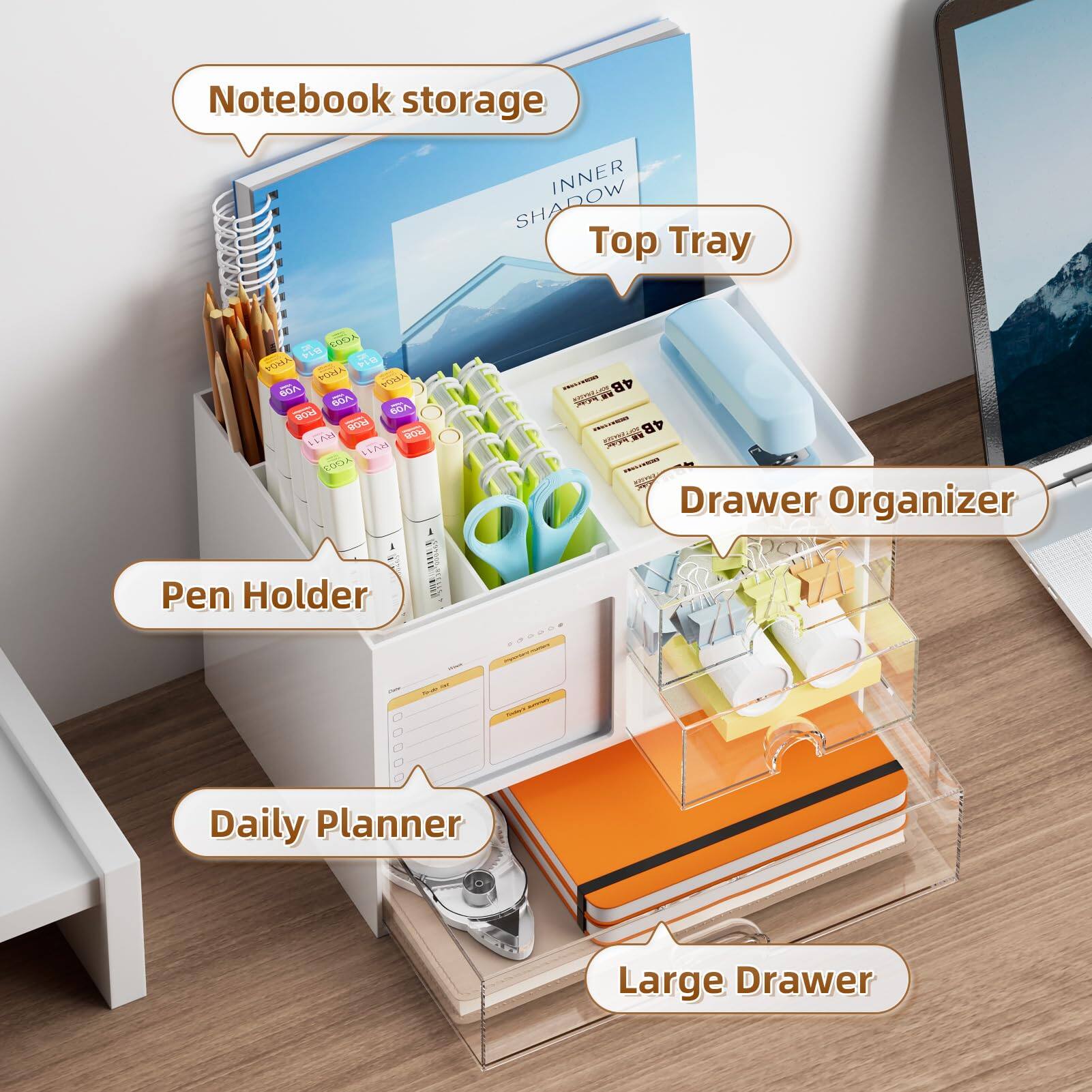 - Notebook storage
- Top Tray
- Drawer Organizer
- Pen Holder
- Daily Planner
- Large Drawer