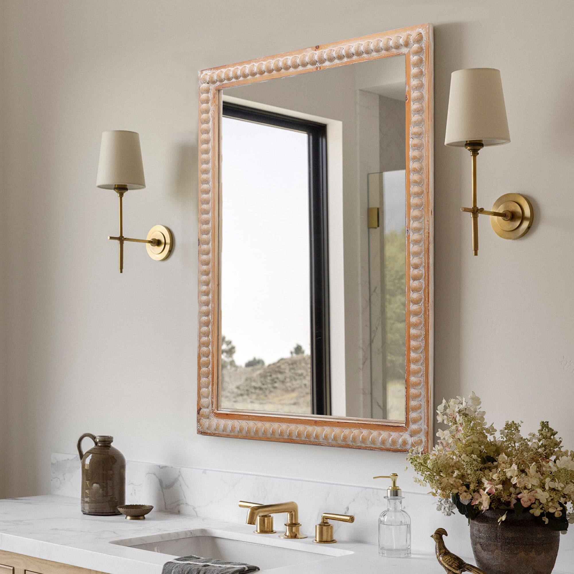 Alt View 10. BreeBe - 22x30 Wood Framed Wall Mirror for Bathroom Farmhouse Rectangle Vanity Mirror Horizontal/Vertical with Beading - Antique Natural.