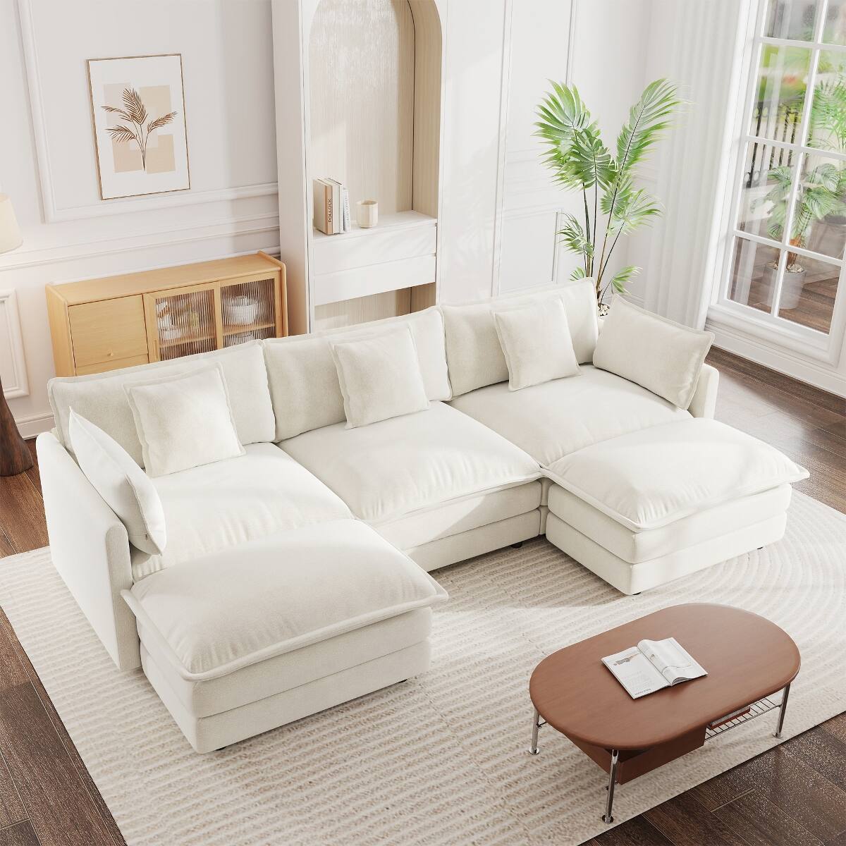 Angle. Ropilly - Ropilly U Shaped Sectional Sofa, White Chenille Convertible Corner Couch with Reversible Footrest and 2 Ottomans - White.