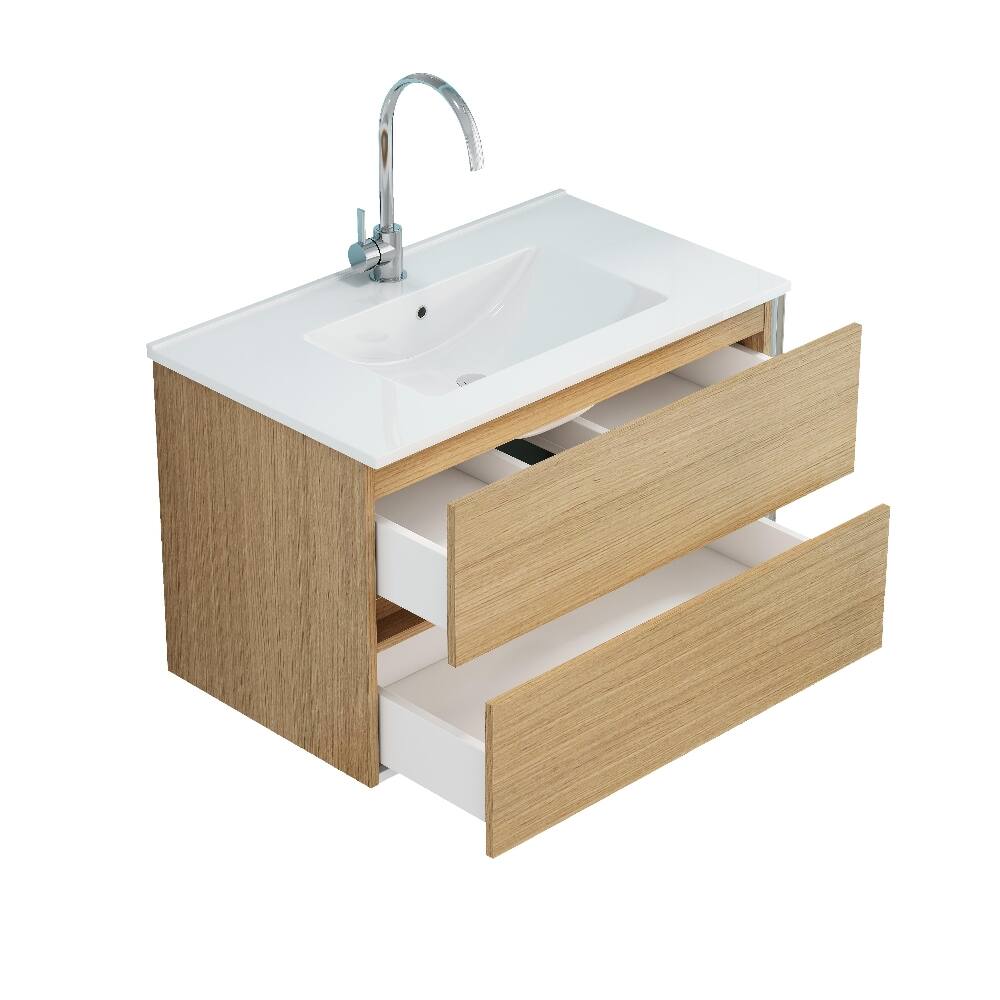 Back. Loheer - Loheer 32 inch wall mounted bathroom vanity Natural Solid Wood with Ceramic Sink - Natural.