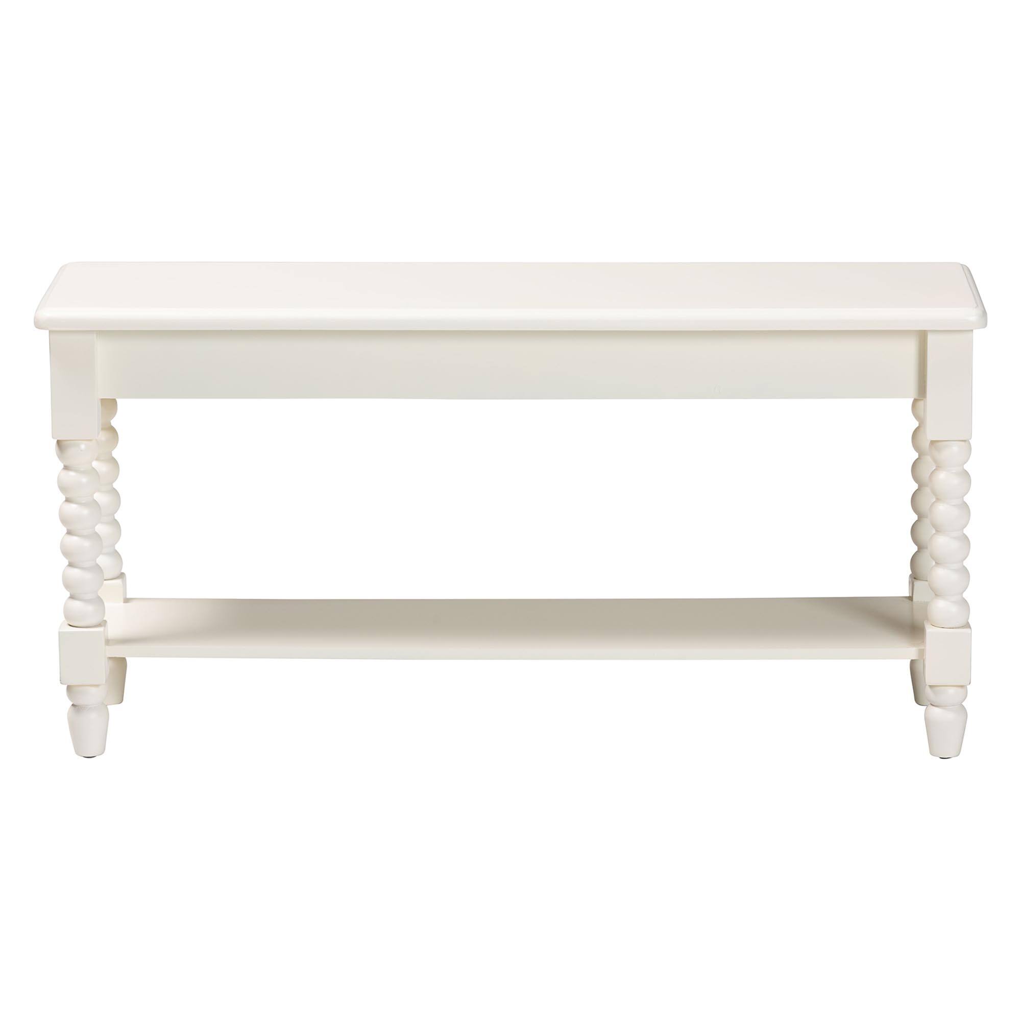 Angle. Baxton Studio - Bayard Accent Bench with Bobbin Legs - Spindle Leg Entryway Bench with Shelf, Hallway or Mudroom Seating - White.