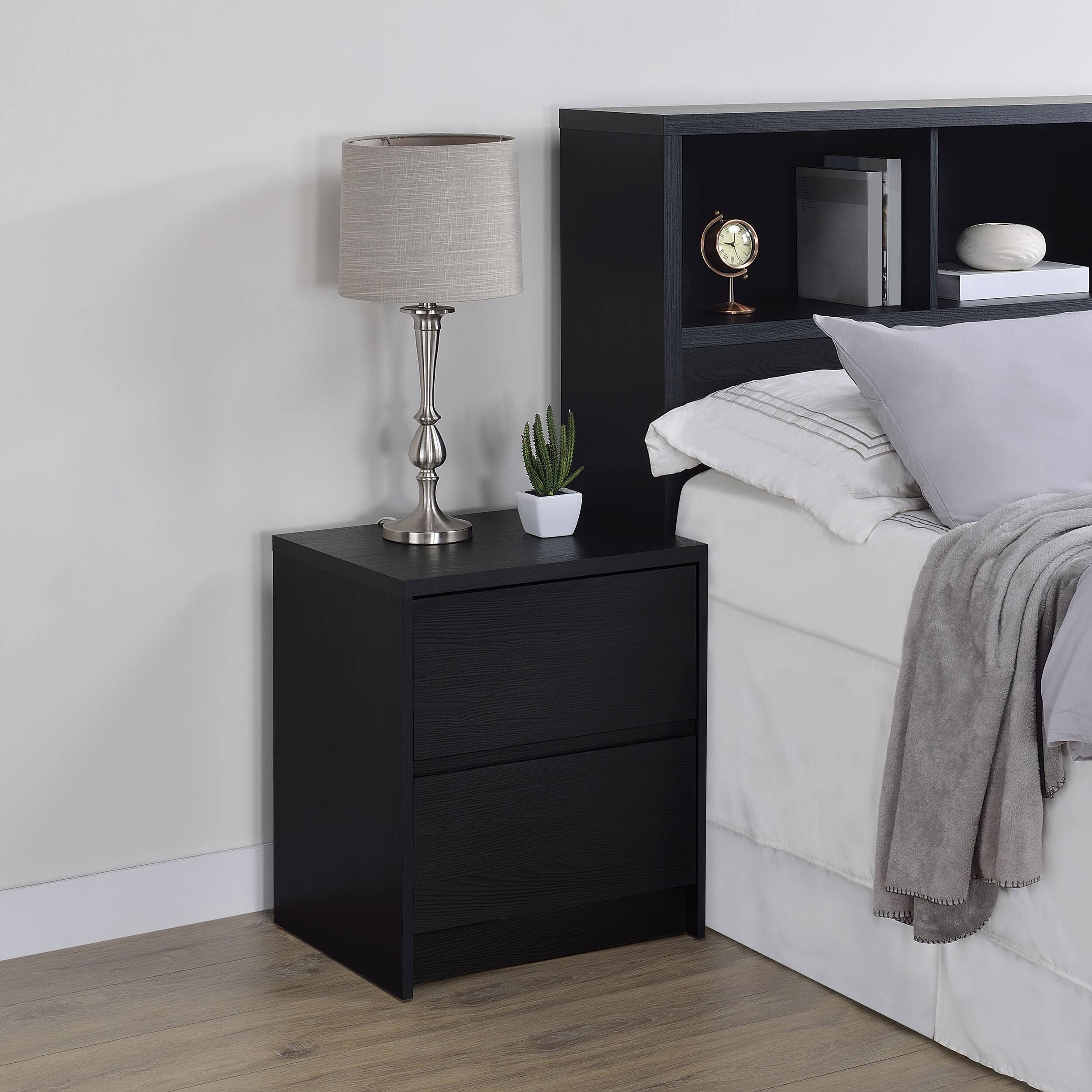 Front. Tiramisubest - Black 2-Drawer Nightstand with LED Lights and USB Ports - Black.