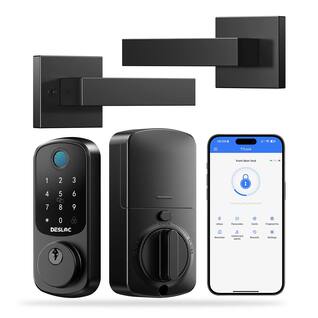 DESLOC - B200 Smart Lock Keyless Entry Fingerprint Deadbolt with Handle/Lever Set, Front Door Replacement, Bluetooth App - Black