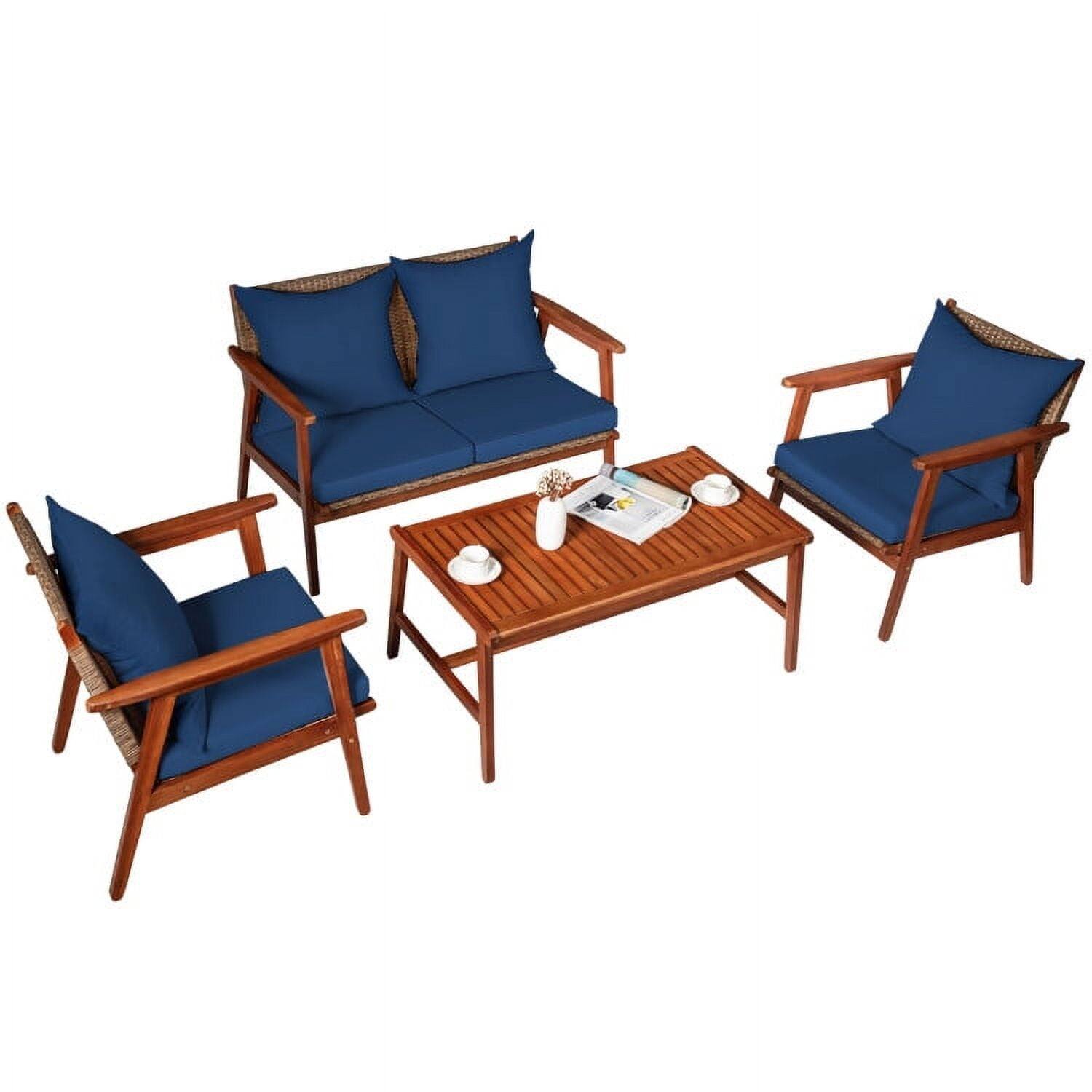 Left. Kadyn - 4 Piece Acacia Wood Patio Rattan Furniture Set, Outdoor Furniture Garden Conversation Sets-Brown - Blue.