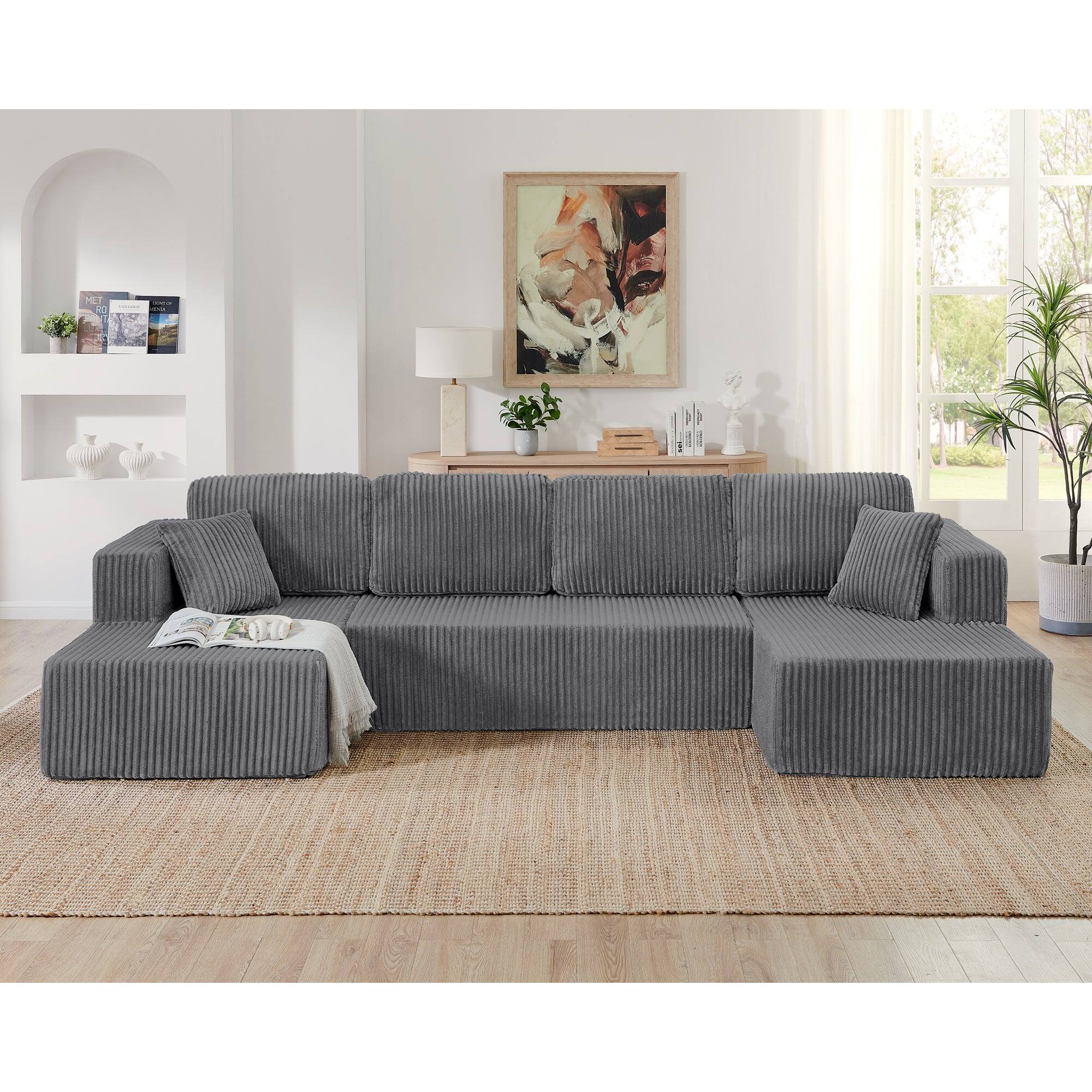 Alt View 3. Boyel Living - U Shape Modular Sectional Sofa Compressed Corduroy Couch Minimalist Sleeper Sofa for Living Room and Bedroom Grey - Grey.