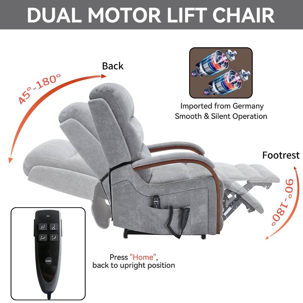 DUAL MOTOR LIFT CHAIR

45°-180° HOME

Back WIGH Imported from Germany Smooth & Silent Operation Footrest 90-180° Press "Home", back to upright position