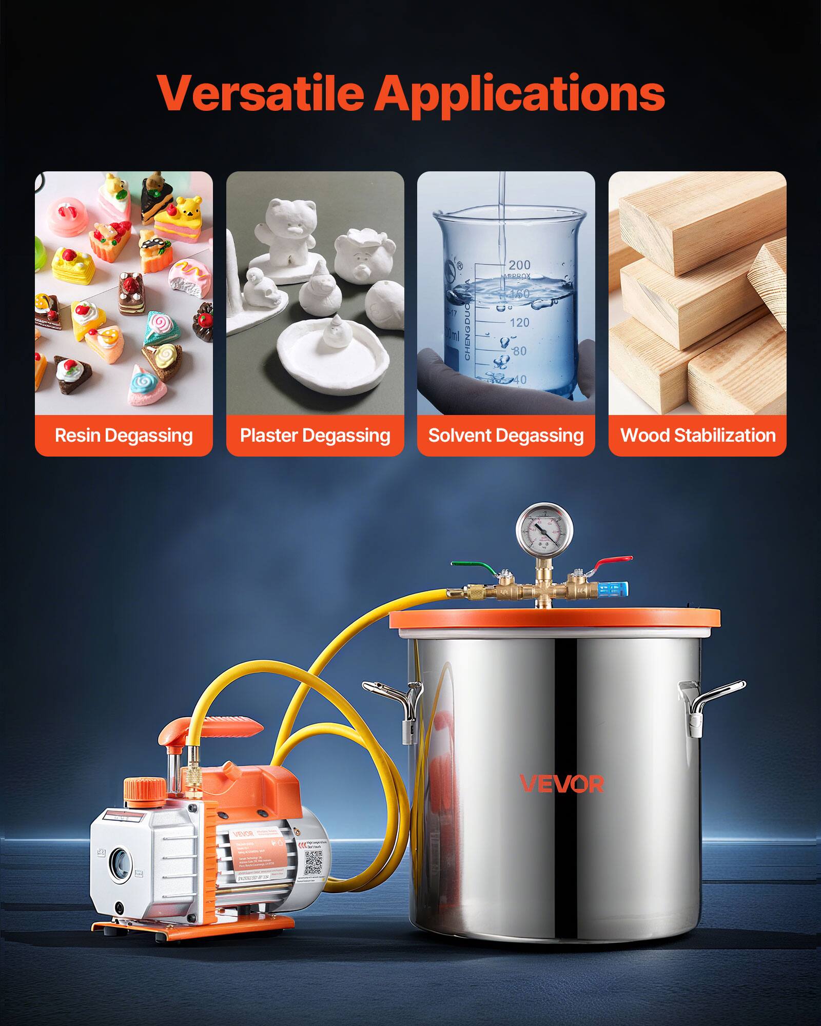 Versatile Applications

8 TI CHENGDU
200 BROK 1,50 e 120 80 40

Resin Degassing
Plaster Degassing
Solvent Degassing
Wood Stabilization

VEVOR