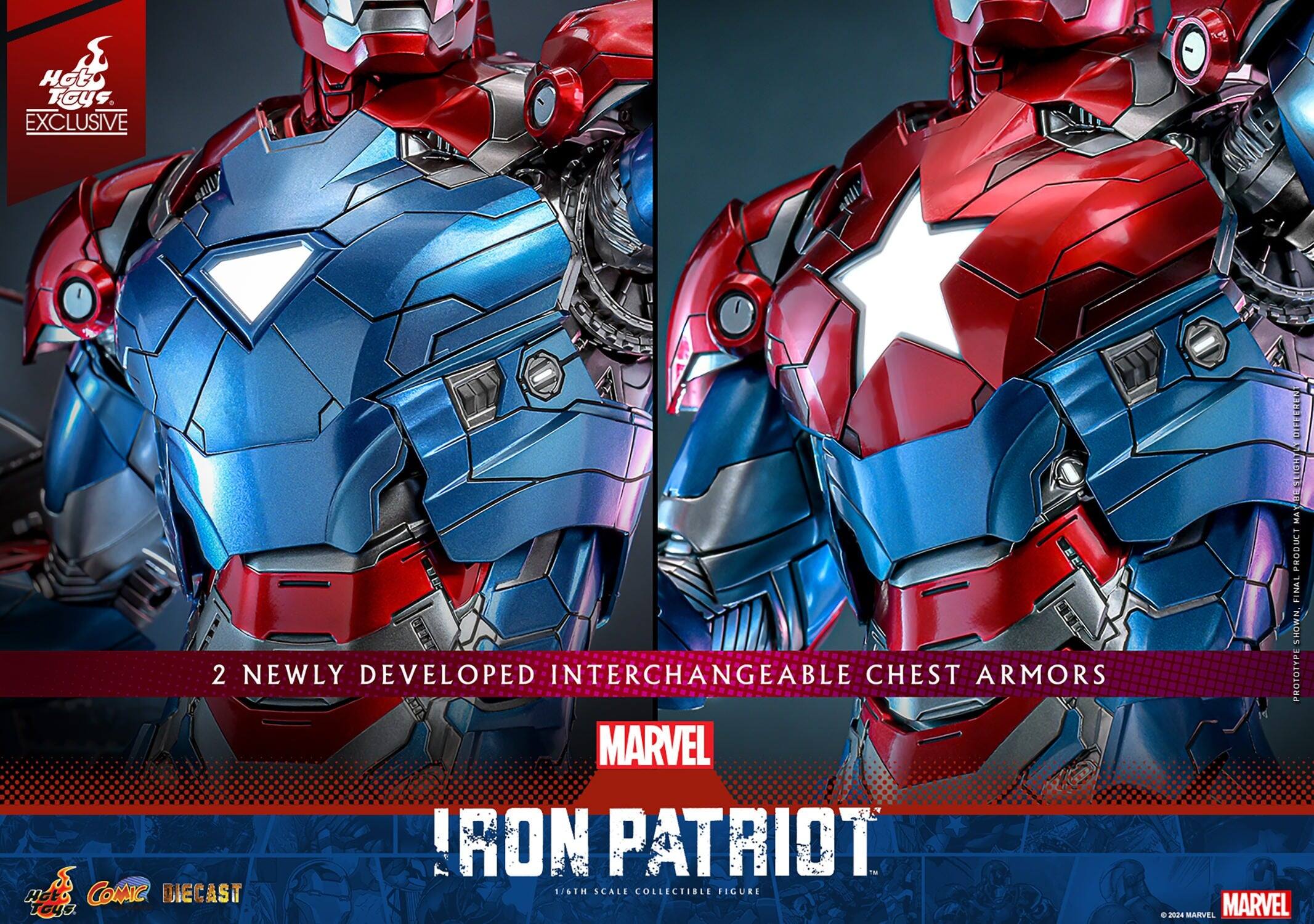 Hot Toys Exclusive  
2 Newly Developed Interchangeable Chest Armors  
Marvel Iron Patriot  
1/6th Scale Collectible Figure  
Comic Diecast
