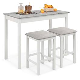 Costway - 3 PCS Bar Table Set Dining Table & 2 Linen Fabric Padded Bar Stools Faux Marble - White,Grey