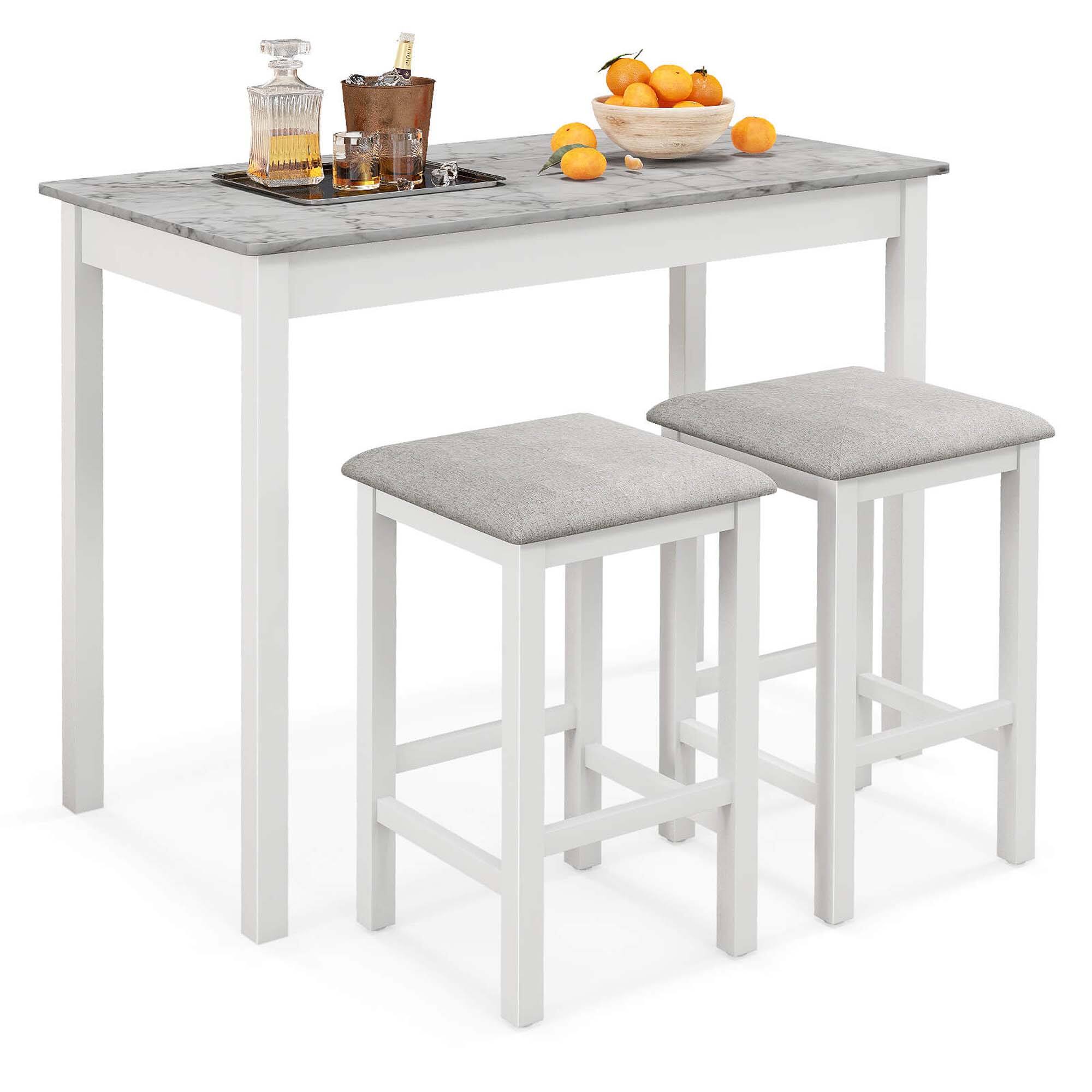 Front. Costway - Costway 3 PCS Bar Table Set Dining Table & 2 Linen Fabric Padded Bar Stools Faux Marble - White,Grey.