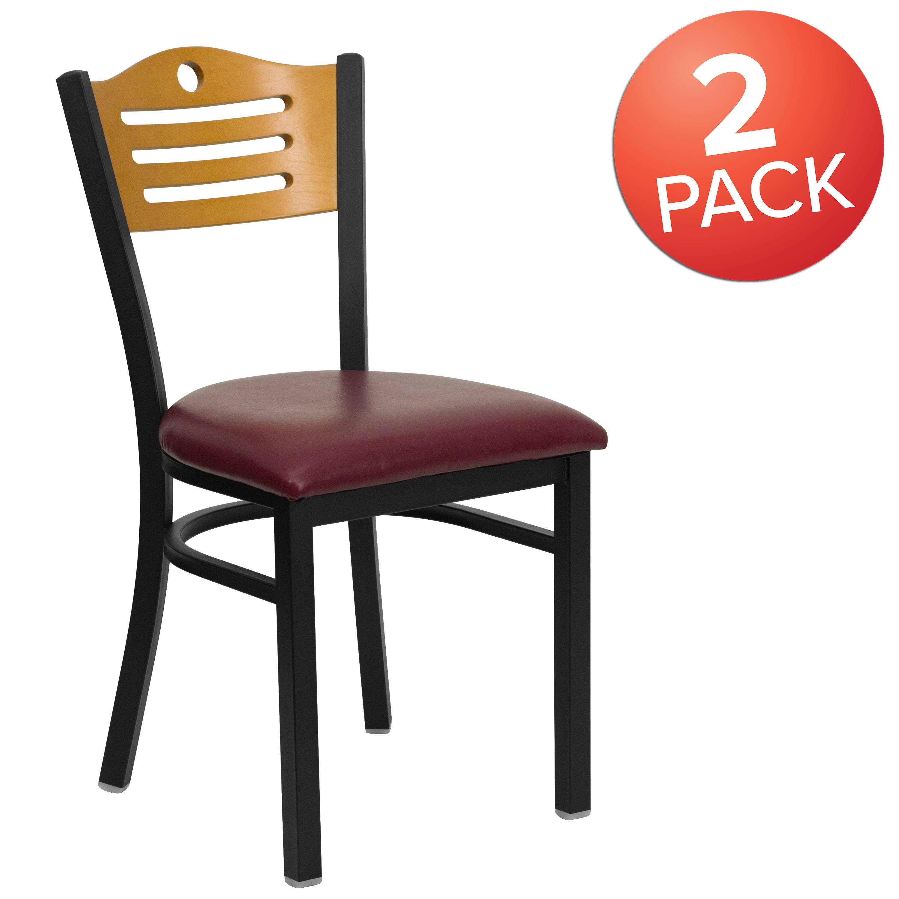 Alt View 1. Emma + Oliver - 2 Pack Slat Back Metal Restaurant Chair - Natural Wood Back/Burgundy Vinyl Seat/Black Metal.