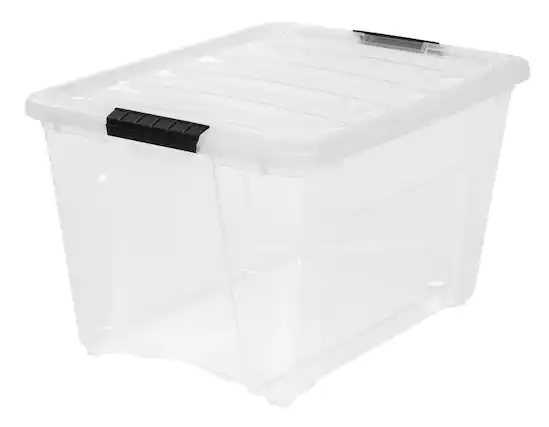 Front. IRIS USA - 53qt Plastic Storage Bins with Lids and Secure Latching Buckles.