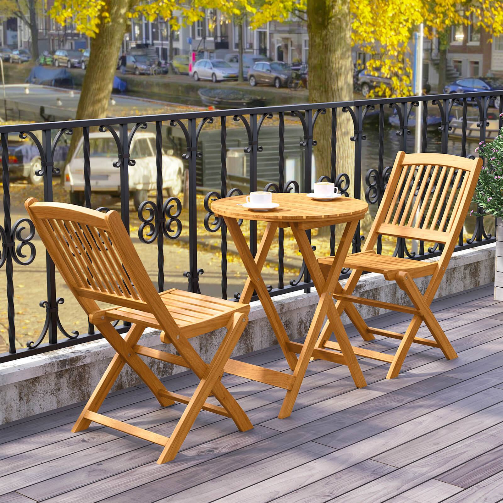 Alt View 3. Costway - Costway 3PCS Patio Folding Wooden Bistro Set Cushioned Chair Conversation Navy Cushion - Natural+Navy Blue.