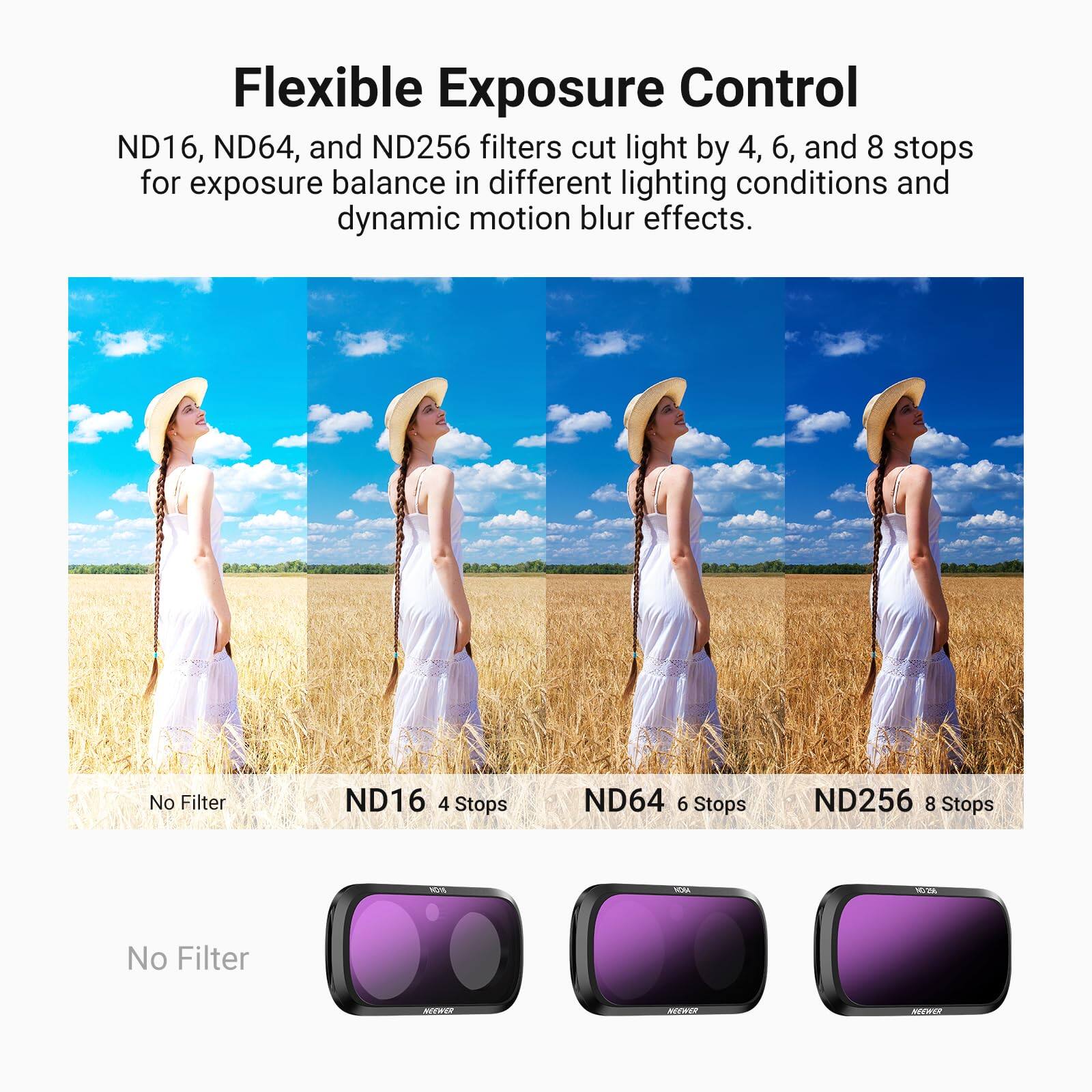 Flexible Exposure Control

ND16, ND64, and ND256 filters cut light by 4, 6, and 8 stops for exposure balance in different lighting conditions and dynamic motion blur effects.

No Filter
ND16 4 Stops
ND64 6 Stops
ND256 8 Stops